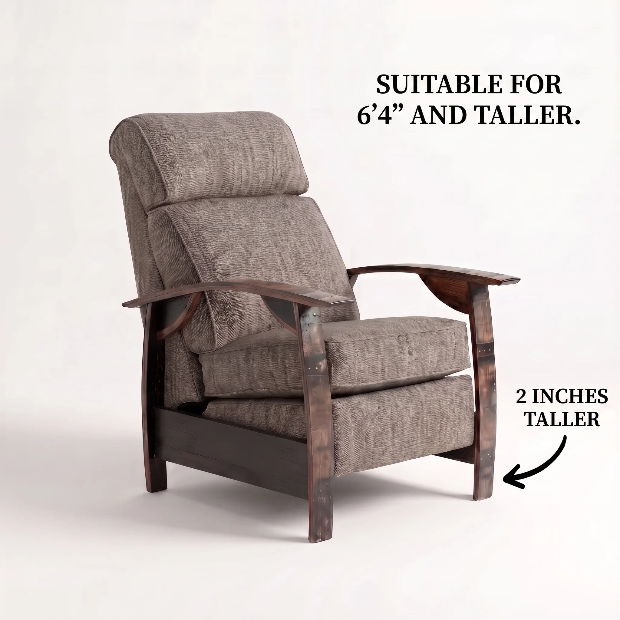 Big & Tall whiskey barrel recliner chair in coffee brown plush fabric with oak whiskey-barrel stave armrests, upright, on a white background, labelled suitable for 6'4" and taller with legs 2 inches taller