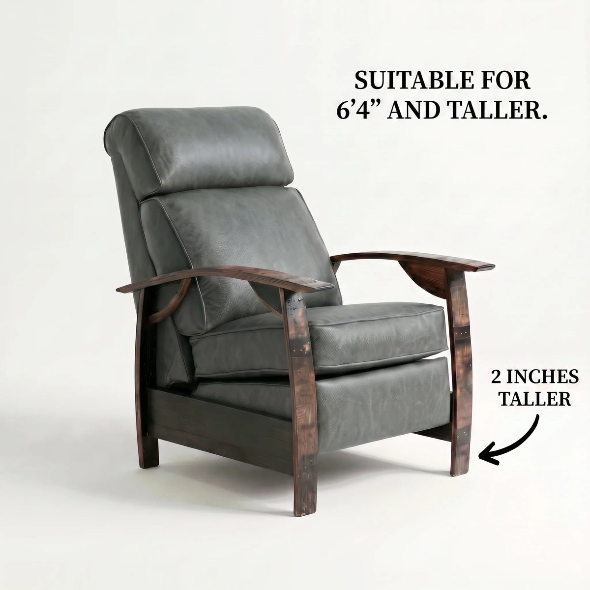 Extra Tall whiskey barrel recliner chair in slate gray leather with oak whiskey-barrel stave armrests, upright, on a white background, labelled suitable for 6'4" and taller with legs 2 inches taller