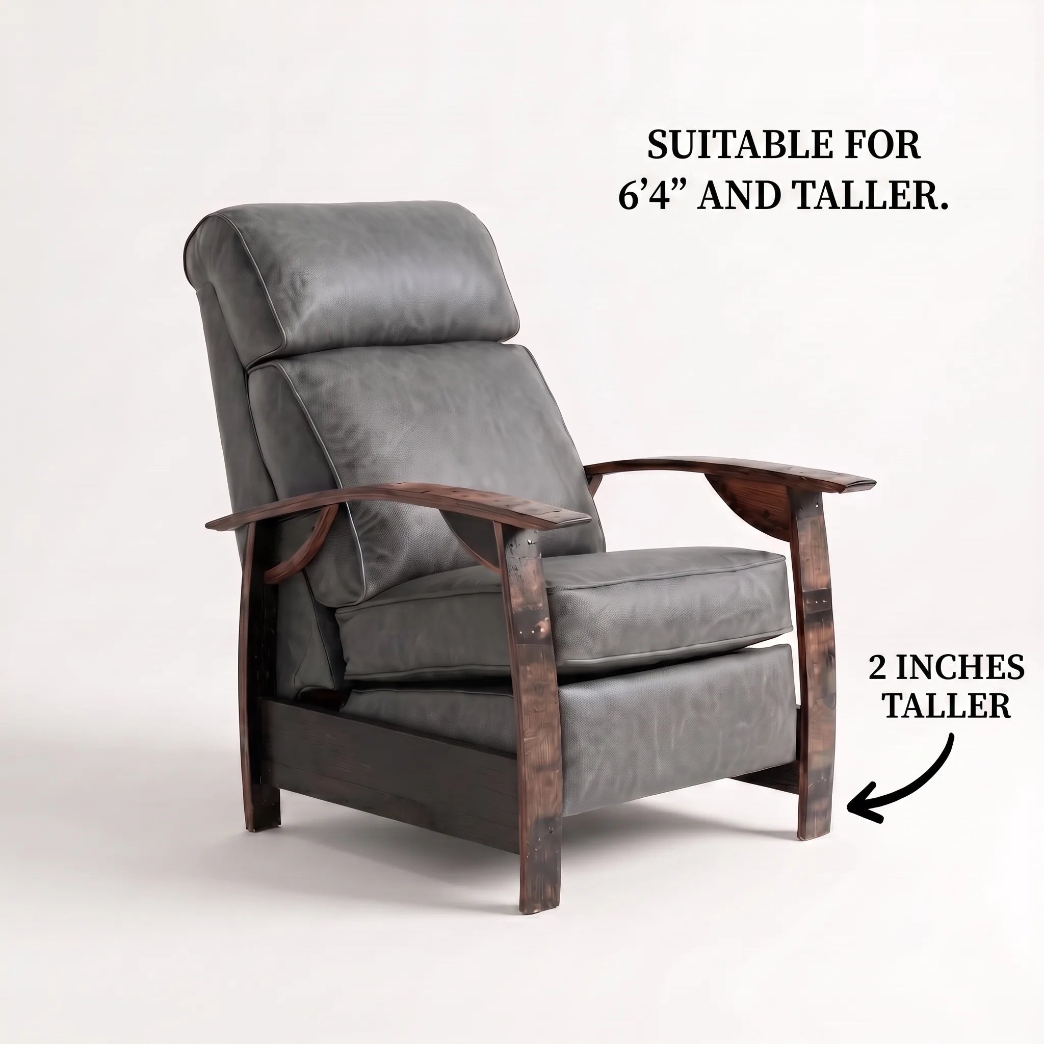 Big & Tall whiskey barrel recliner chair in slate gray leather with oak whiskey-barrel stave armrests, upright, on a white background, labelled suitable for 6'4" and taller with legs 2 inches taller