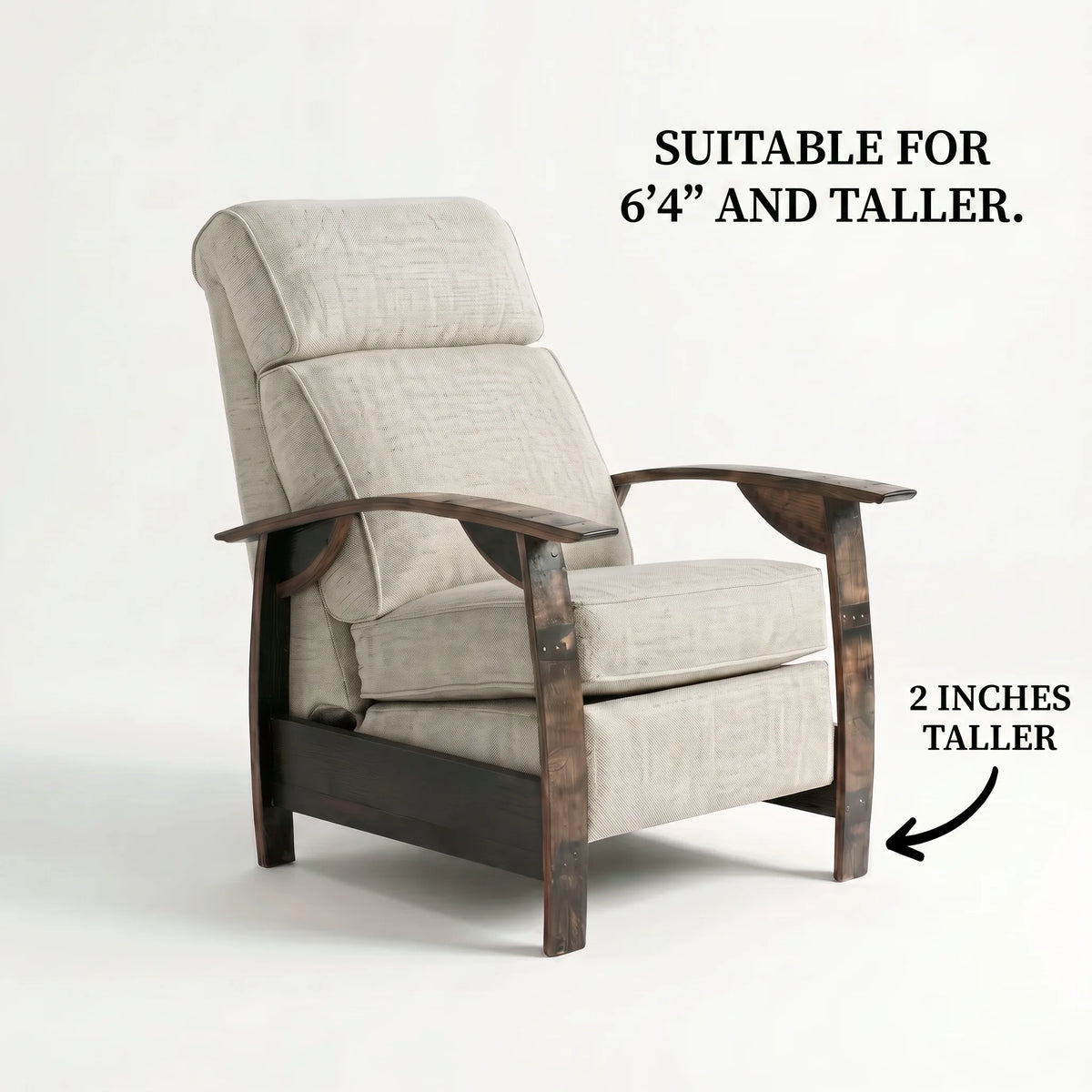 Extra Tall whiskey barrel recliner chair in oatmeal gray plush fabric with oak whiskey-barrel stave armrests, upright, on a white background, labelled suitable for 6'4" and taller with legs 2 inches taller