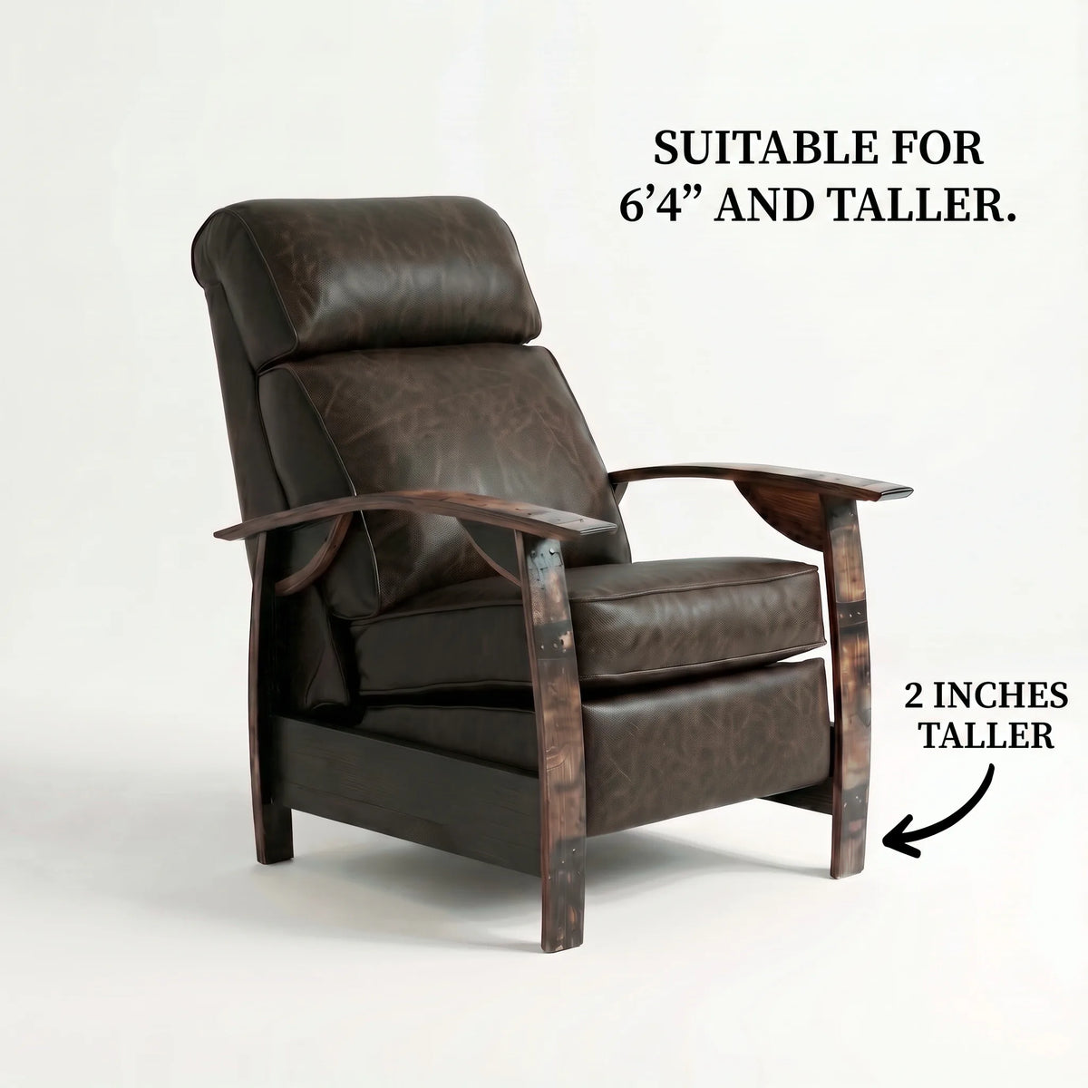 Extra Tall whiskey barrel recliner chair in cognac brown leather with oak whiskey-barrel stave armrests, upright, on a white background, labelled suitable for 6'4" and taller with legs 2 inches taller