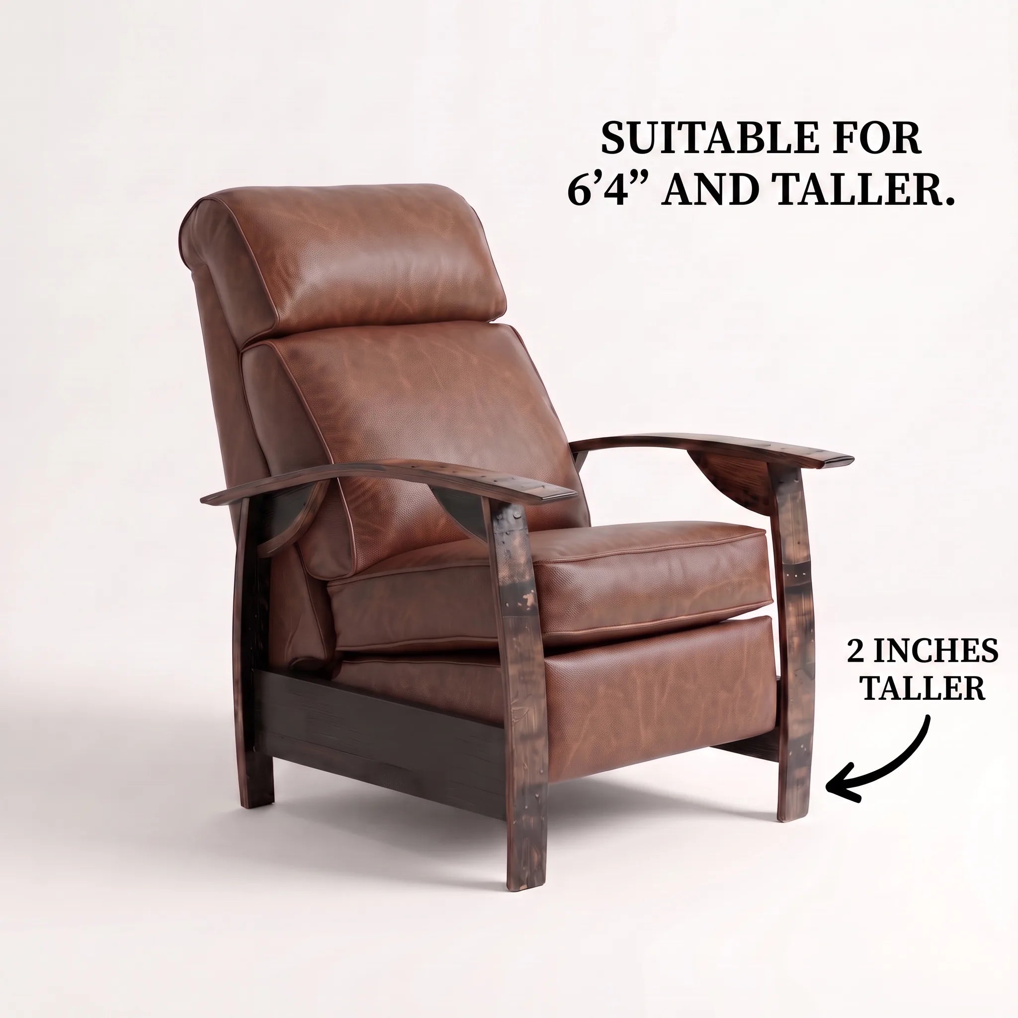 Big & Tall whiskey barrel recliner chair in distressed whiskey-brown full-grain leather with oak whiskey-barrel stave armrests, upright, on a white background, labelled suitable for 6'4" and taller with legs 2 inches taller