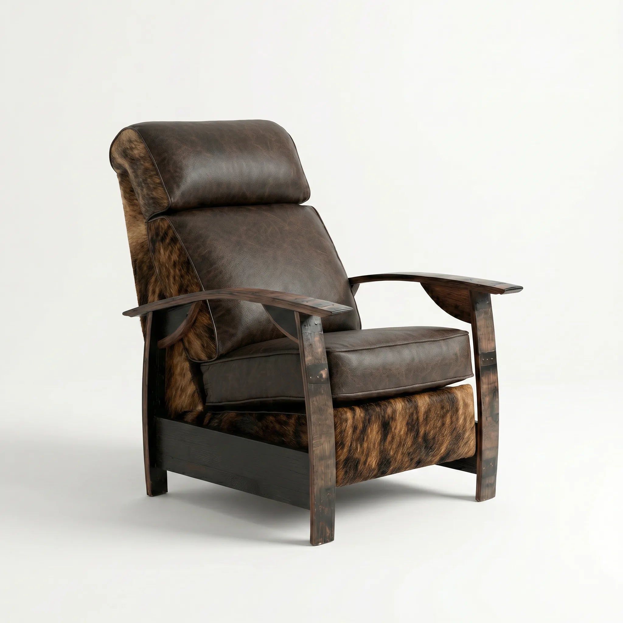 Whiskey barrel recliner chair in brindle cowhide and leather with oak whiskey-barrel stave armrests, upright, on a white background