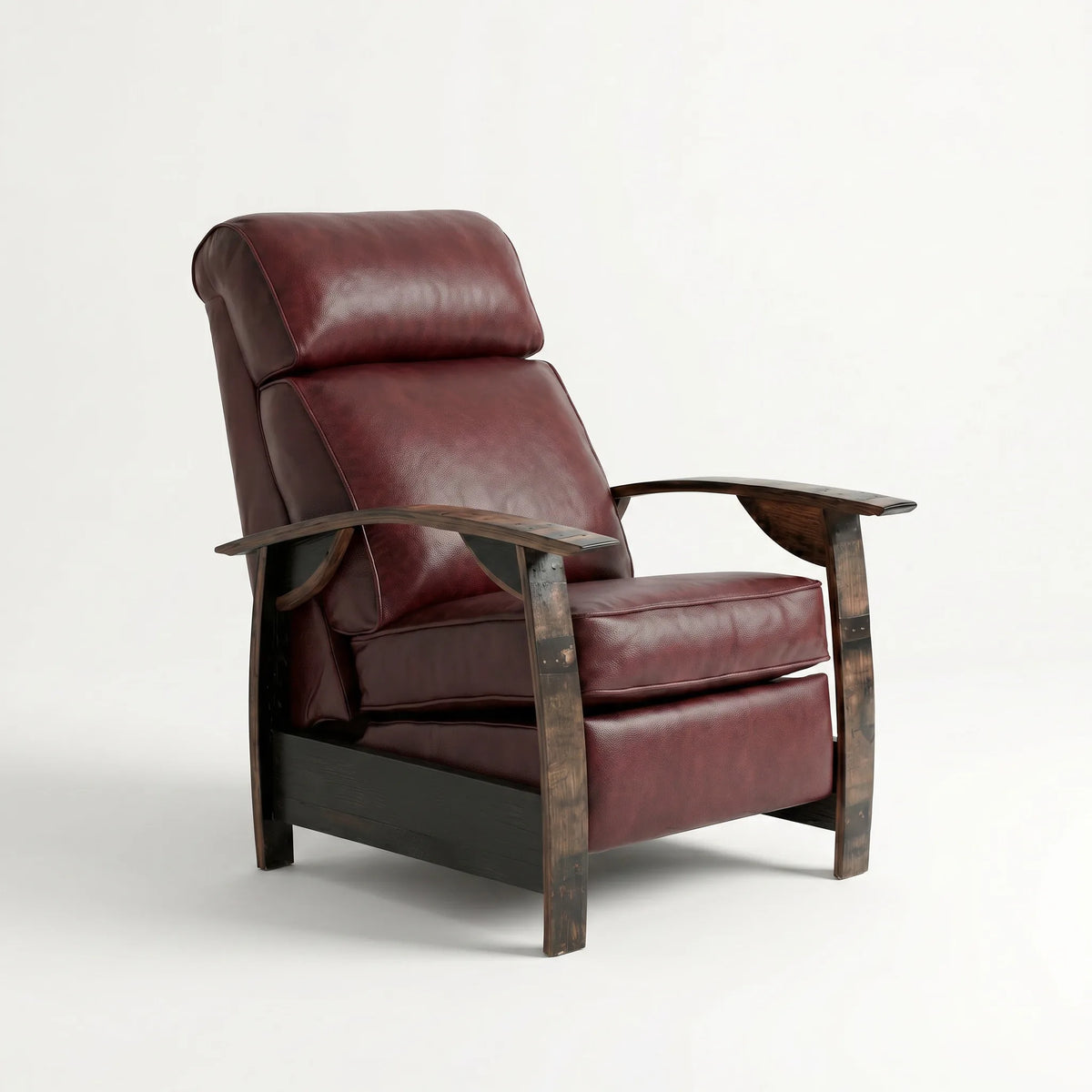 Whiskey barrel recliner chair in deep oxblood burgundy leather with oak whiskey-barrel stave armrests, upright, on a white background
