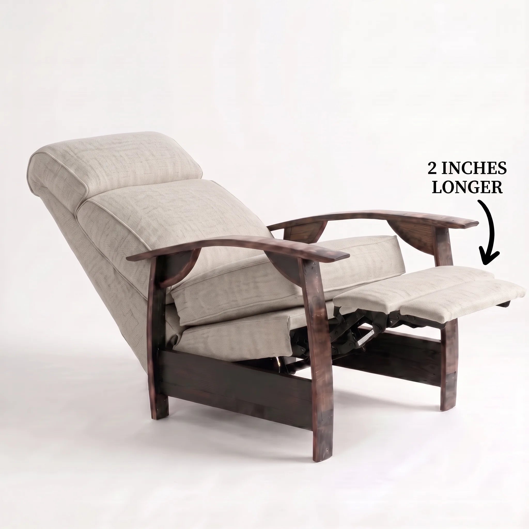 Big & Tall oatmeal gray plush fabric whiskey barrel recliner reclined with the 2-inch-longer footrest extended and oak whiskey-barrel stave armrests, on a white background