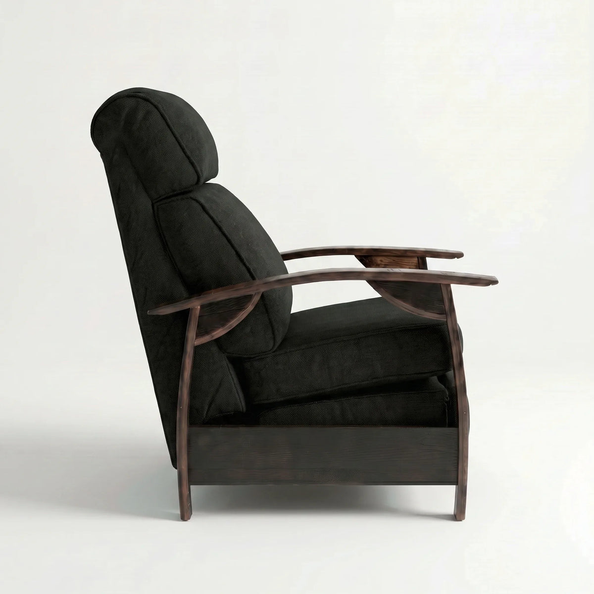 Side profile of the Extra Tall black plush fabric whiskey barrel recliner, upright and closed, on a white background