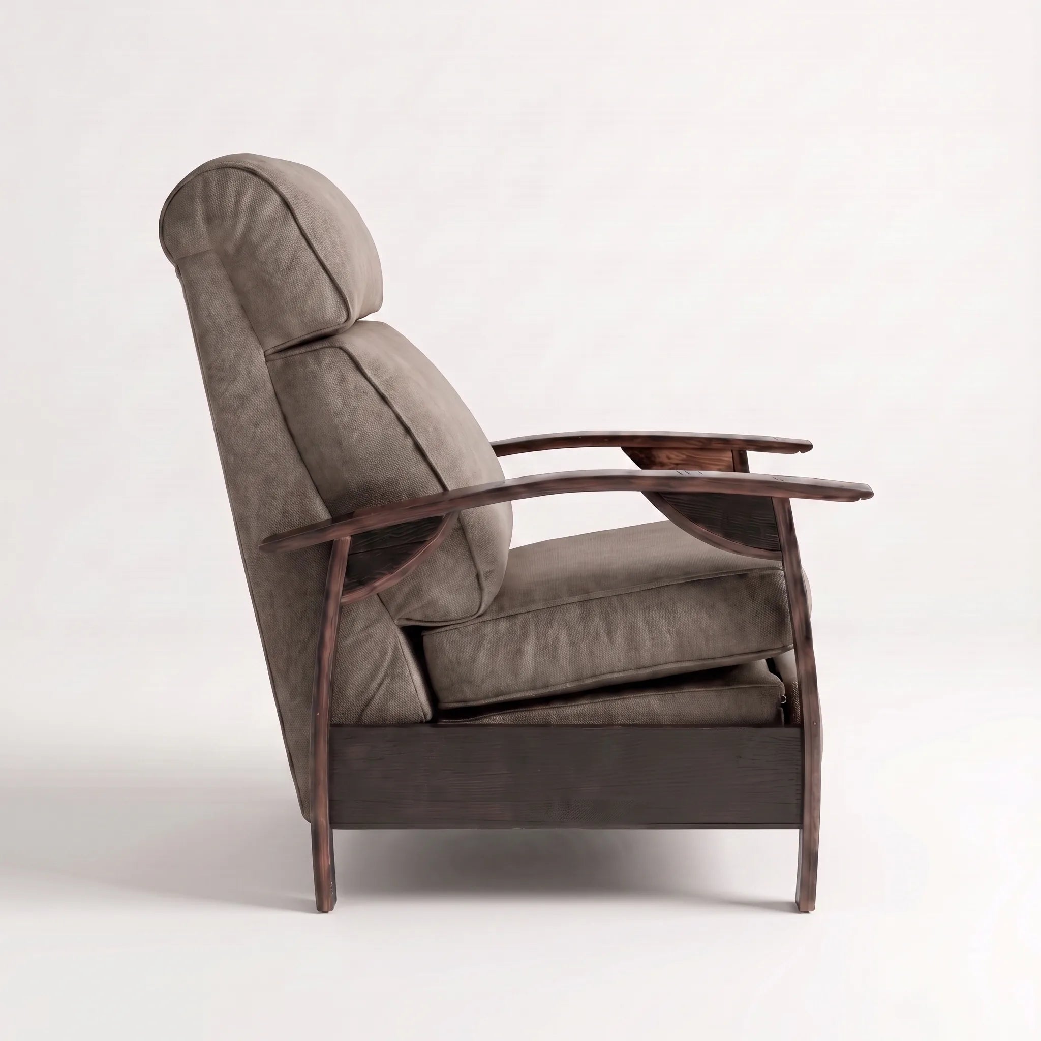 Side profile of the Big & Tall coffee brown plush fabric whiskey barrel recliner, upright and closed, on a white background