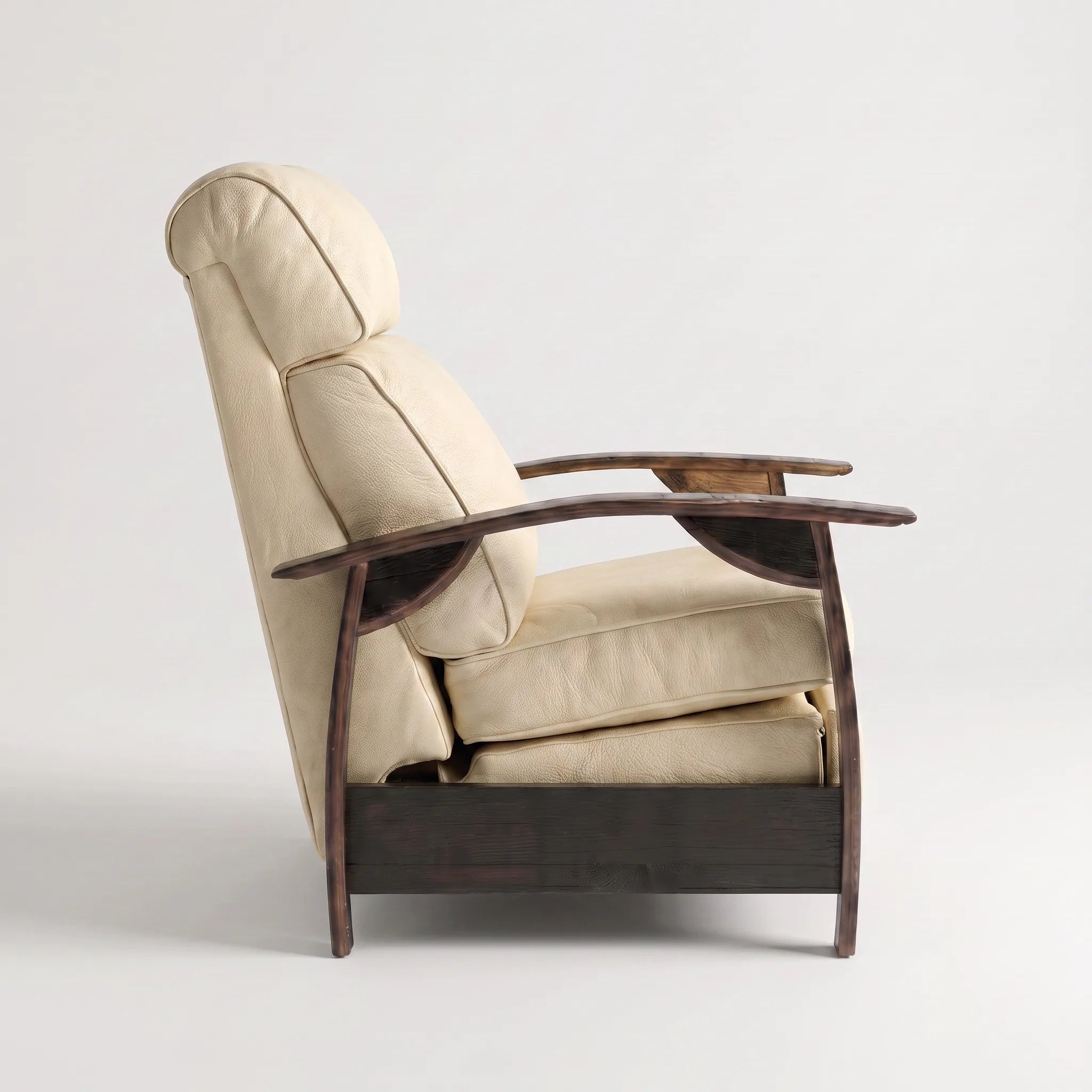 Side profile of the Big & Tall cream ivory leather whiskey barrel recliner, upright and closed, on a white background