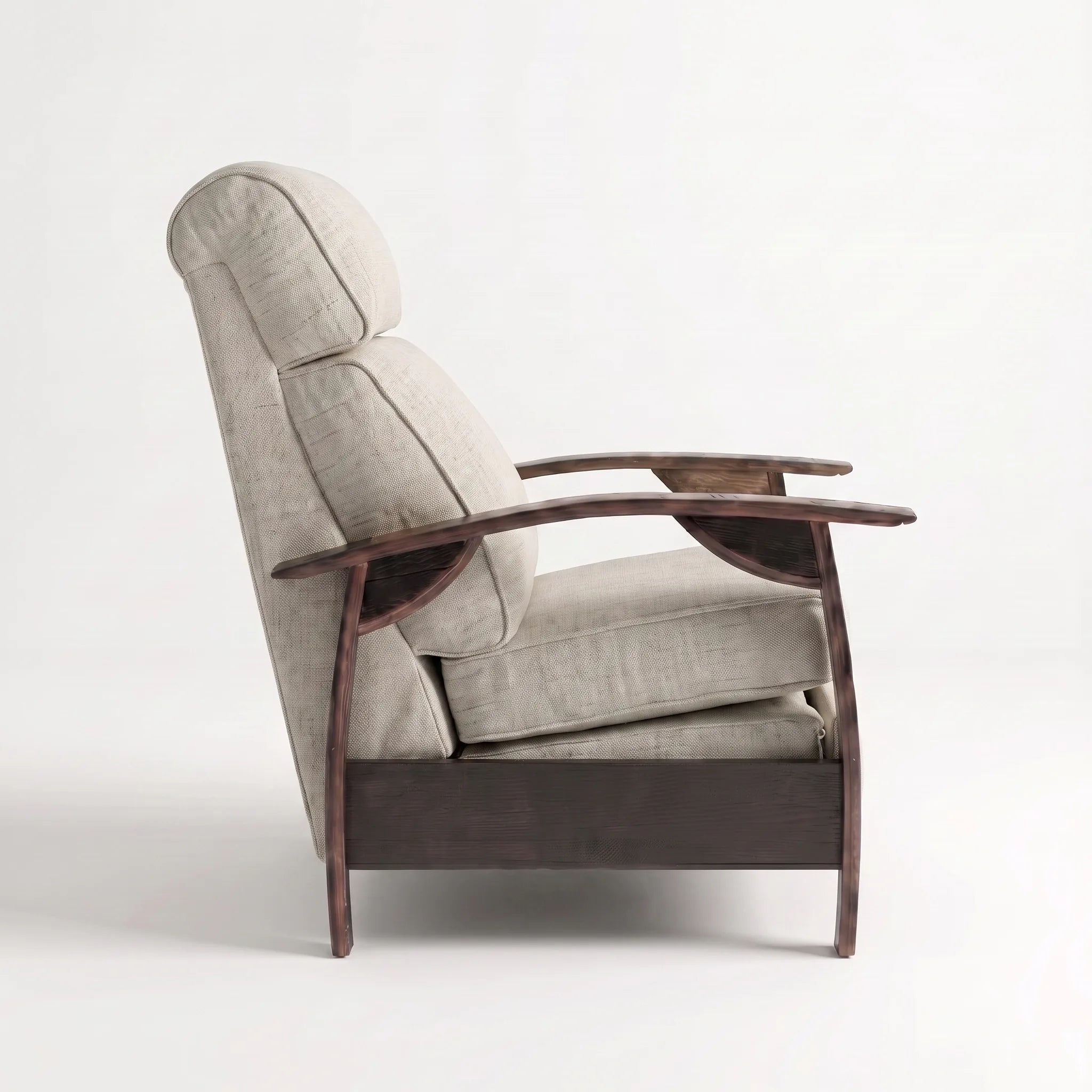Side profile of the Big & Tall oatmeal gray plush fabric whiskey barrel recliner, upright and closed, on a white background