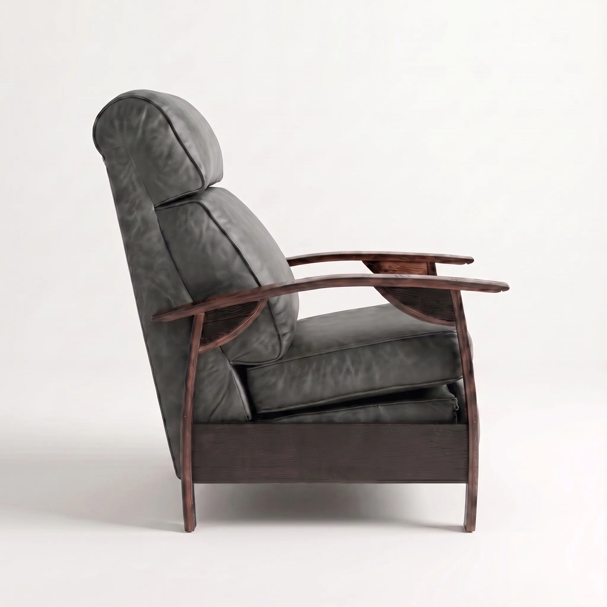 Side profile of the Big & Tall slate gray leather whiskey barrel recliner, upright and closed, on a white background