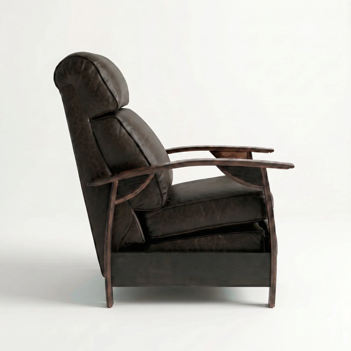 Side profile of the Extra Tall cognac brown leather whiskey barrel recliner, upright and closed, on a white background