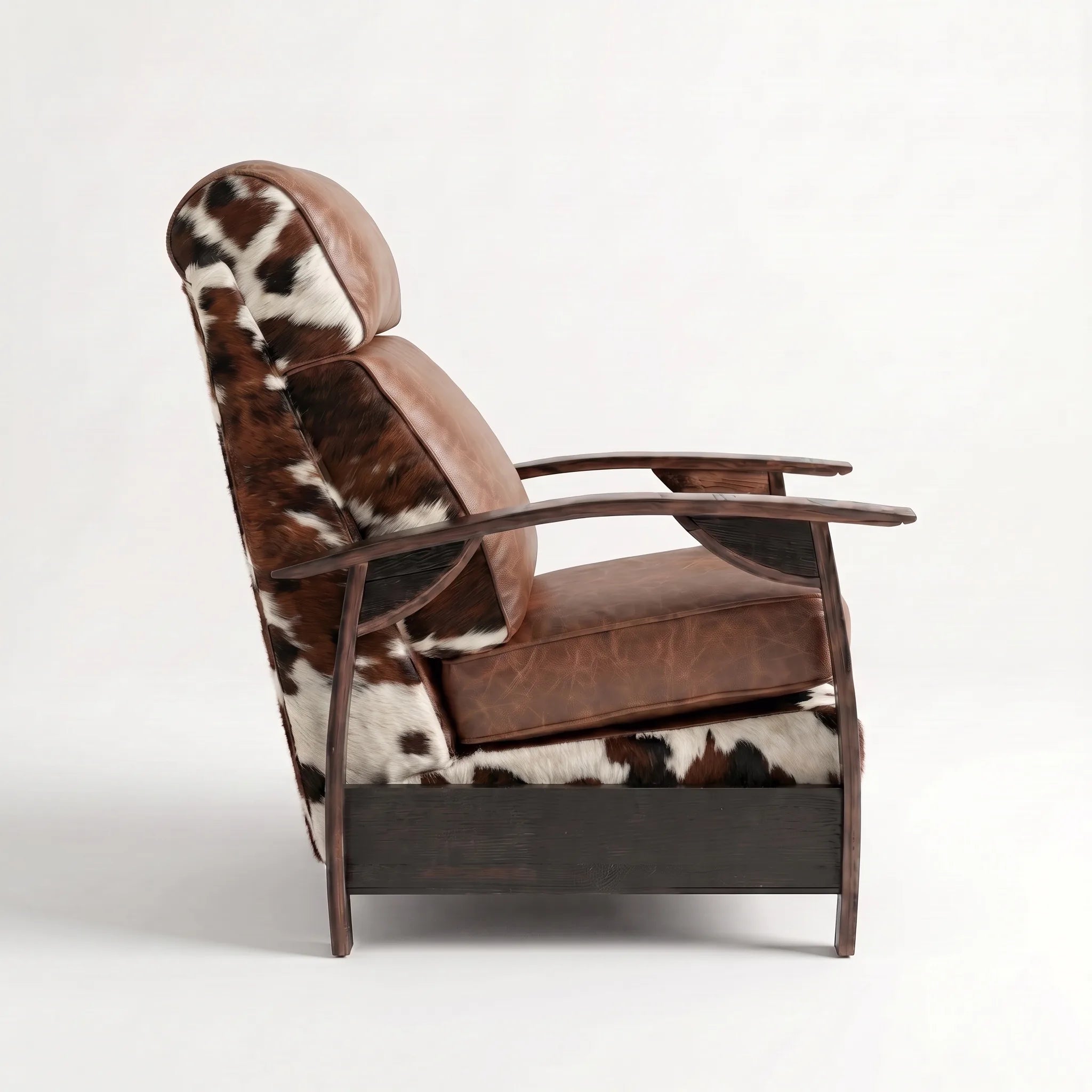 Side profile of the Big & Tall tri-color cowhide whiskey barrel recliner, upright and closed, on a white background