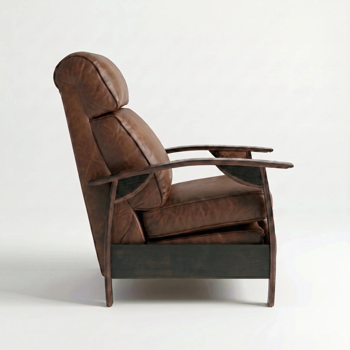 Side profile of the Extra Tall whiskey-brown leather whiskey barrel recliner, upright and closed, on a white background