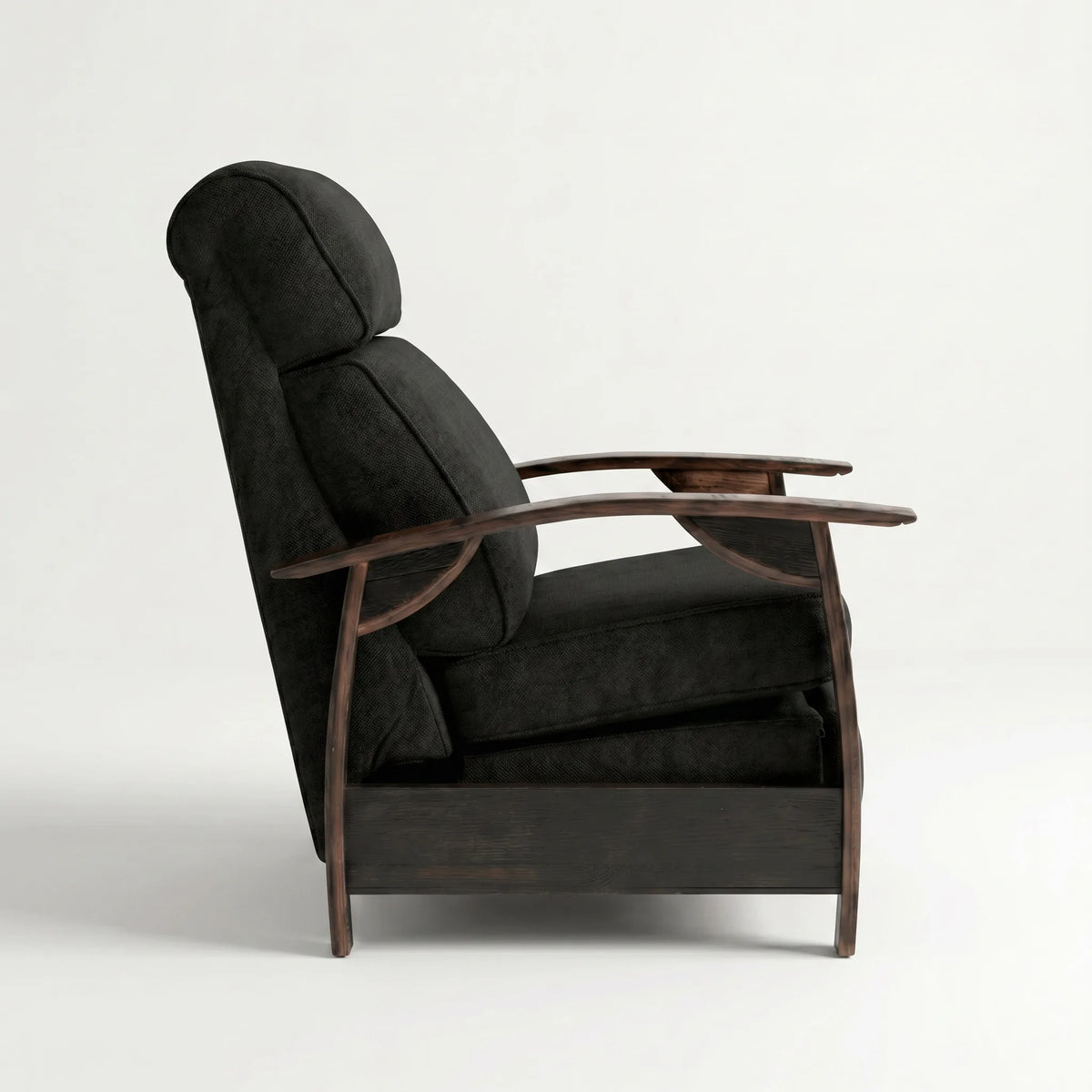 Side profile of the black plush fabric whiskey barrel recliner, upright and closed, on a white background