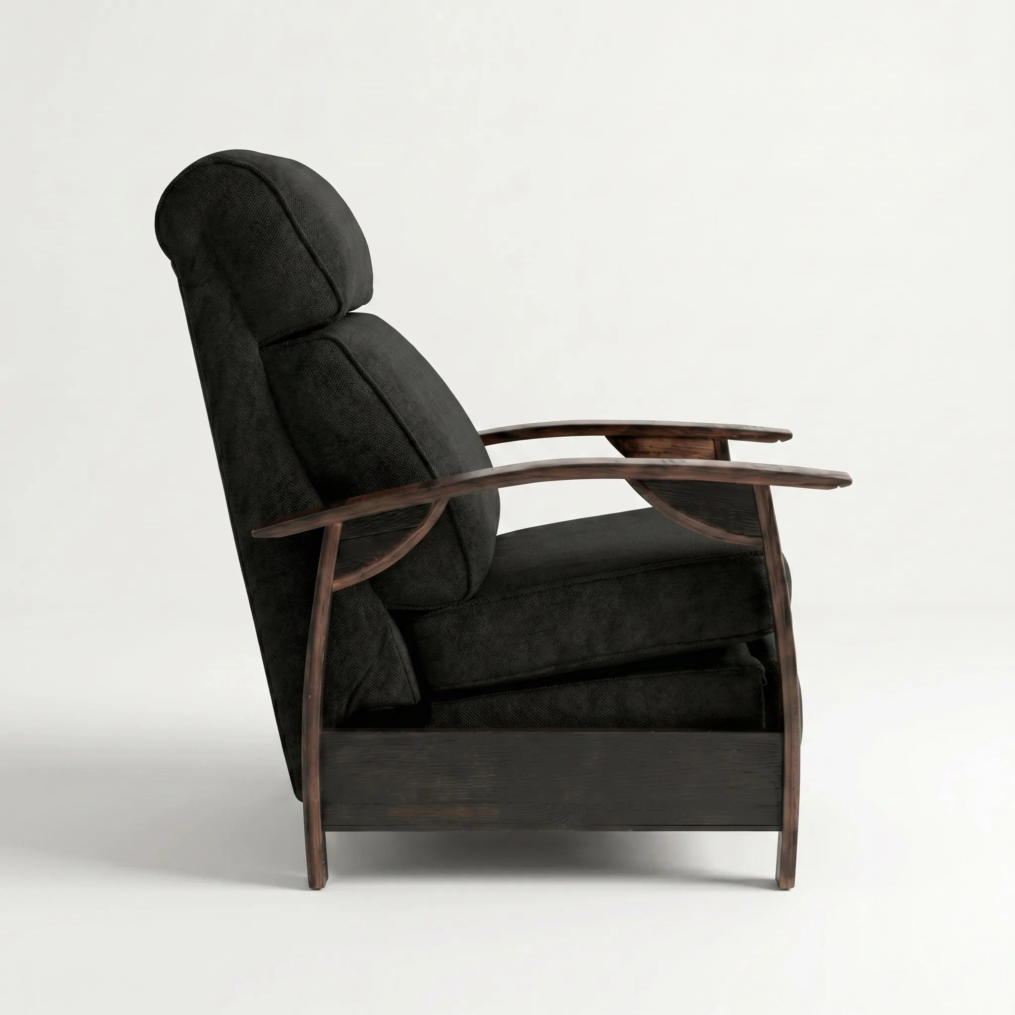 Side profile of the black plush fabric whiskey barrel recliner, upright and closed, on a white background