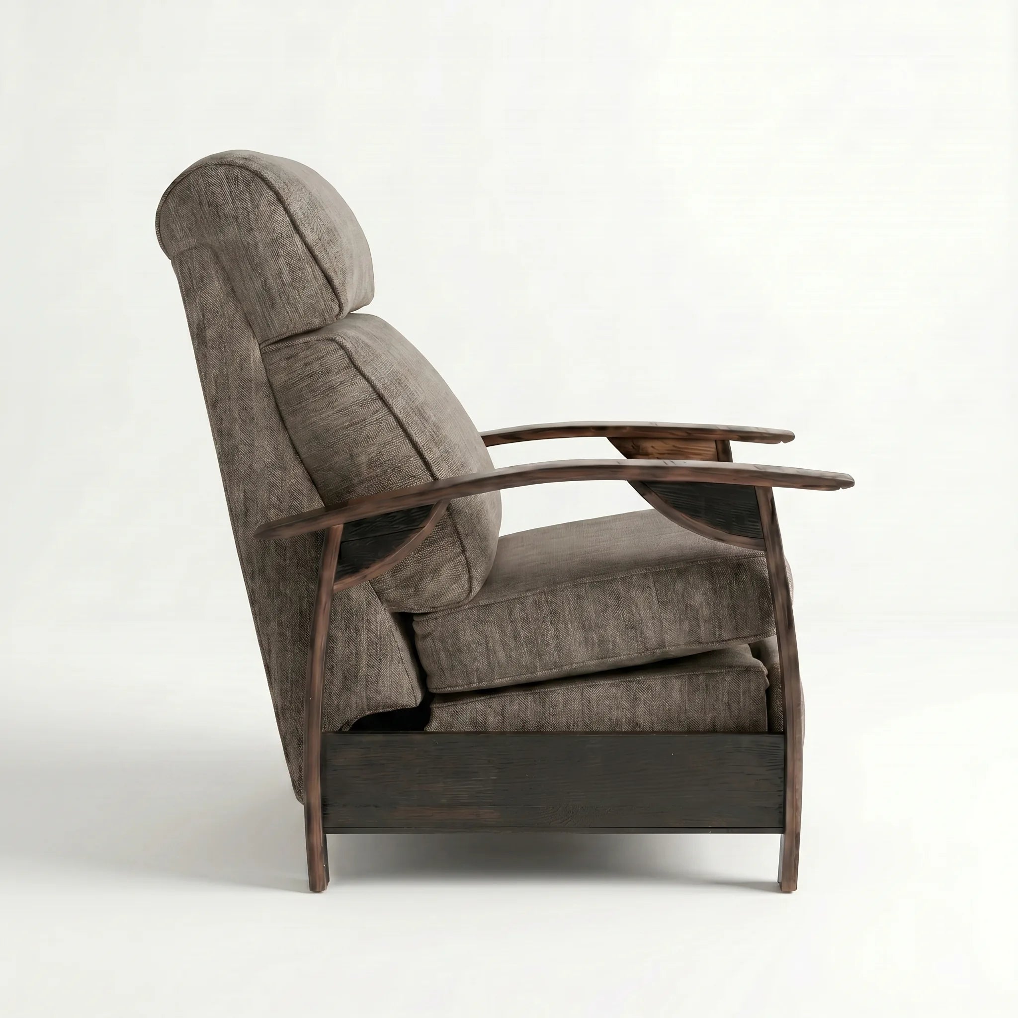 Side profile of the coffee brown plush fabric whiskey barrel recliner, upright and closed, on a white background