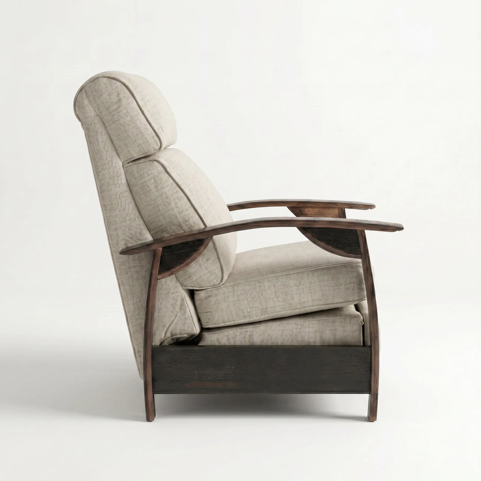 Side profile of the oatmeal gray plush fabric whiskey barrel recliner, upright and closed, on a white background