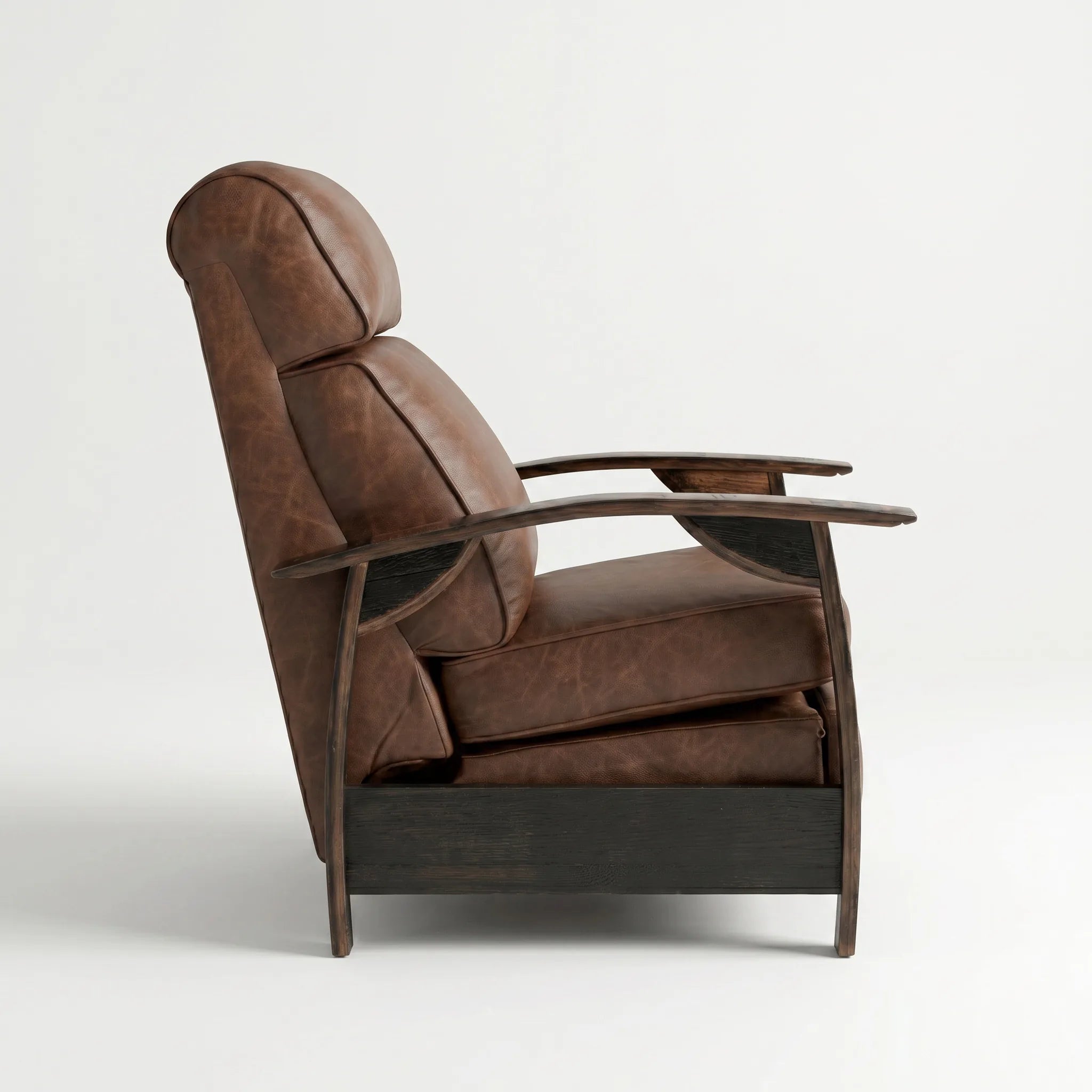 Side profile of the whiskey-brown leather whiskey barrel recliner, upright and closed, on a white background