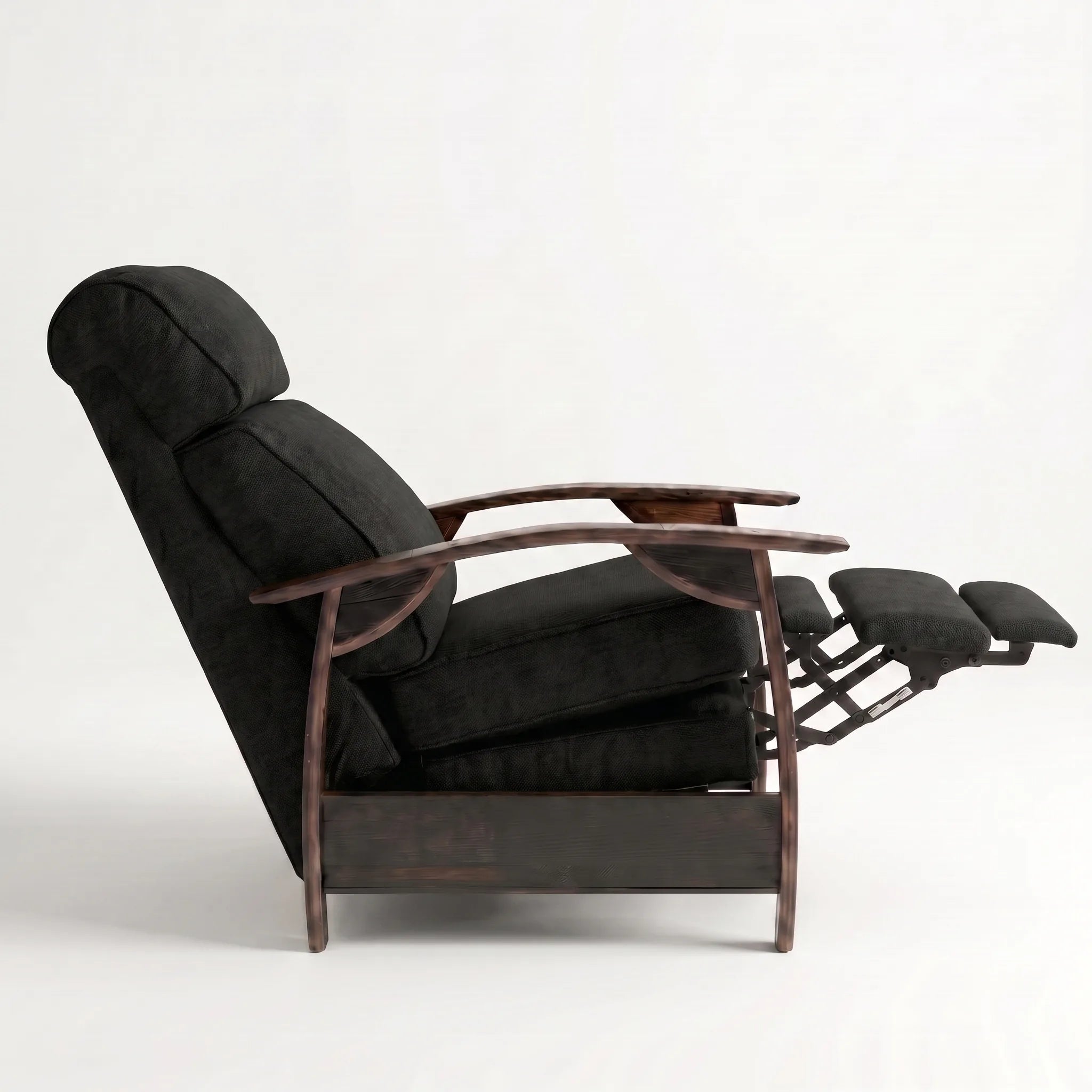Side view of the Big & Tall black plush fabric whiskey barrel recliner partly reclined with footrest out, on a white background