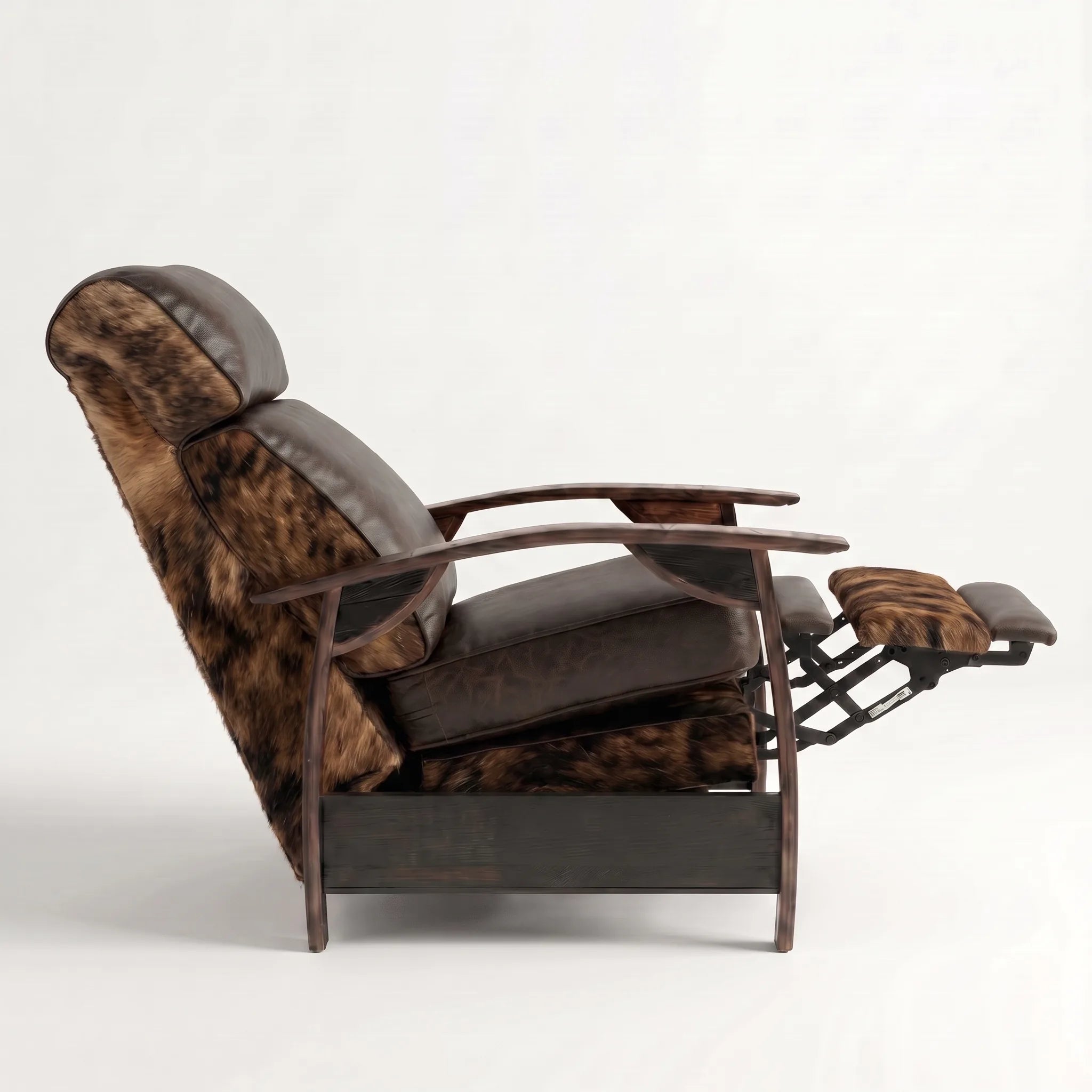 Side view of the Big & Tall brindle cowhide whiskey barrel recliner partly reclined with footrest out, on a white background