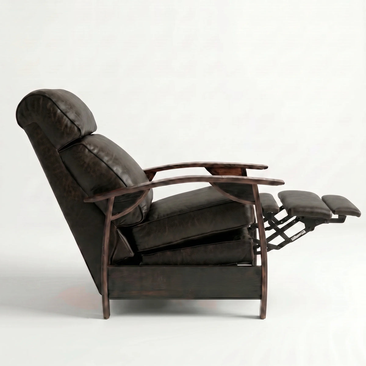 Side view of the Extra Tall cognac brown leather whiskey barrel recliner partly reclined with footrest out, on a white background