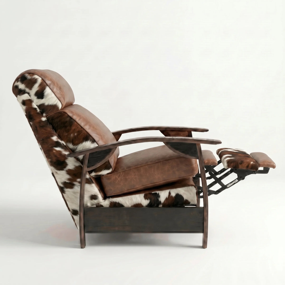 Side view of the Extra Tall tri-color cowhide whiskey barrel recliner partly reclined with footrest out, on a white background