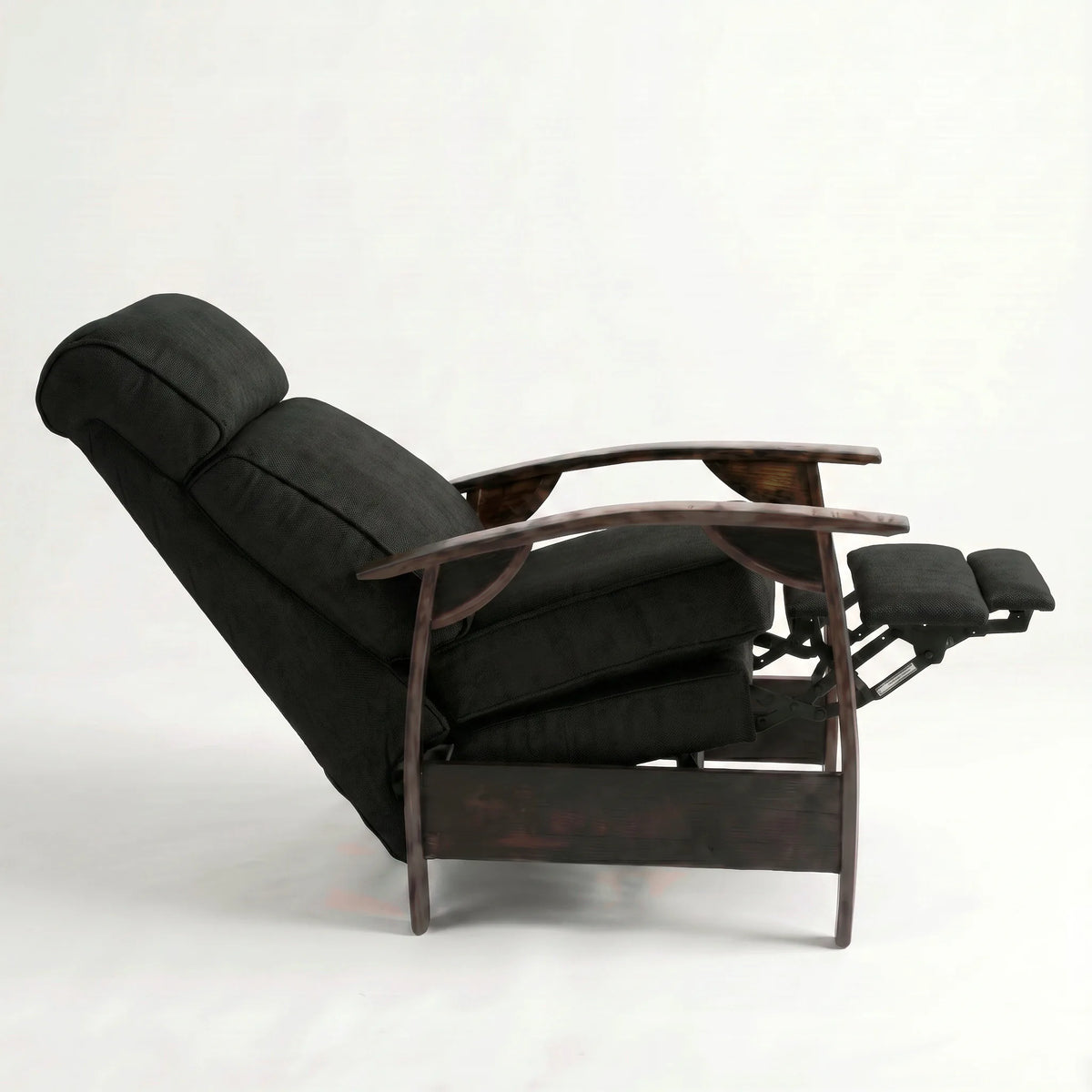Side view of the Extra Tall black plush fabric whiskey barrel recliner fully reclined, on a white background