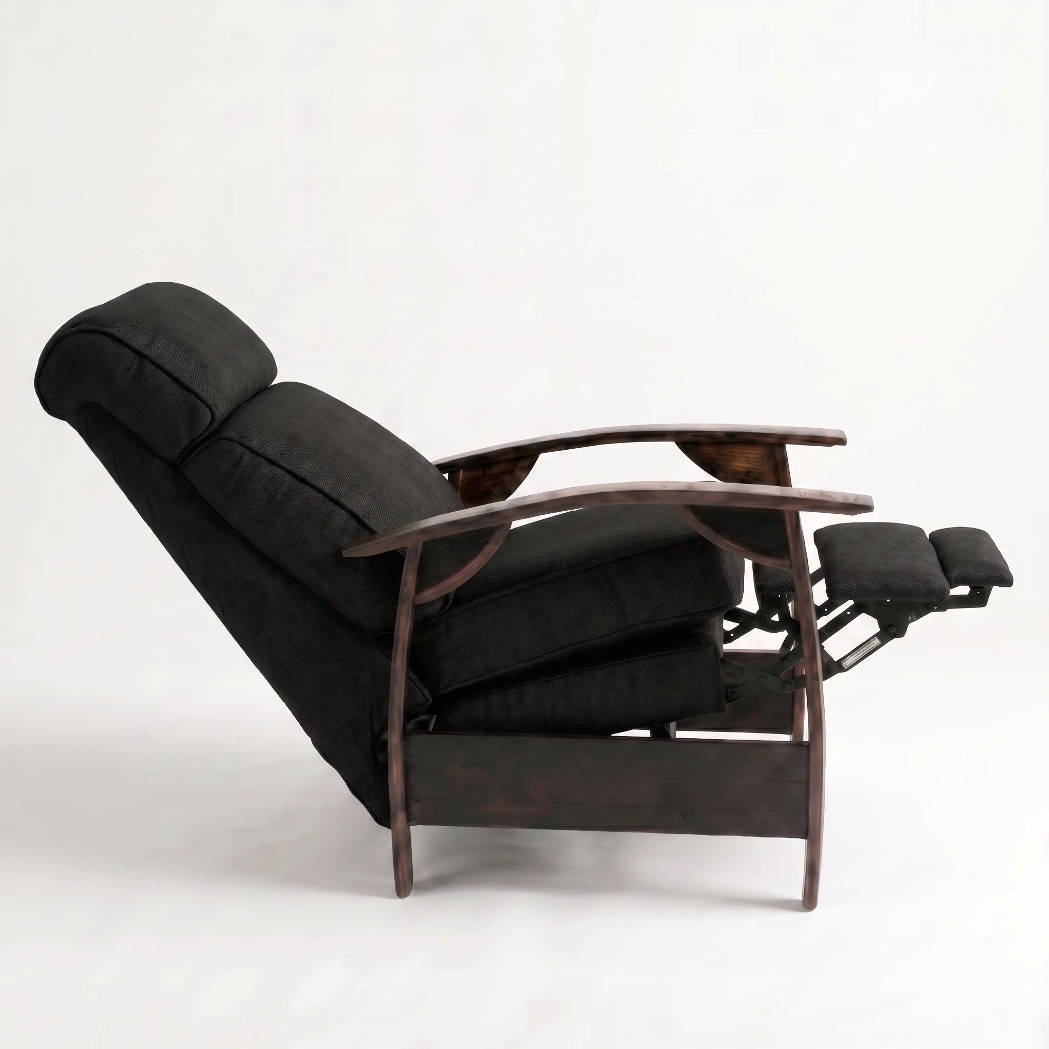 Side view of the Big & Tall black plush fabric whiskey barrel recliner fully reclined, on a white background
