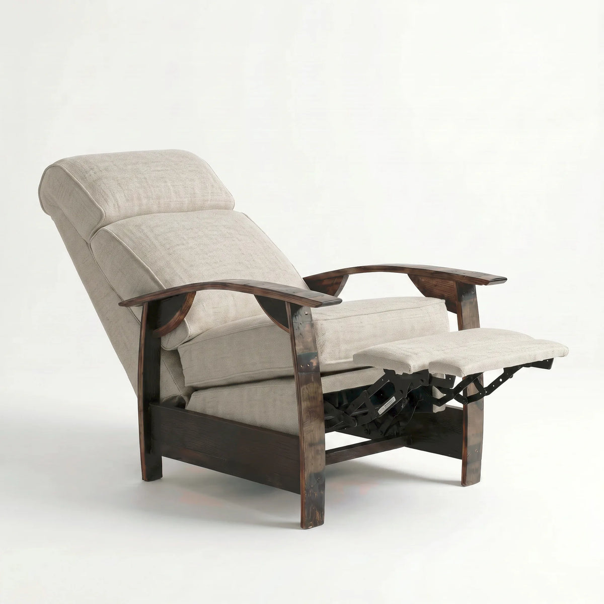 Side view of the Extra Tall oatmeal gray plush fabric whiskey barrel recliner fully reclined, on a white background