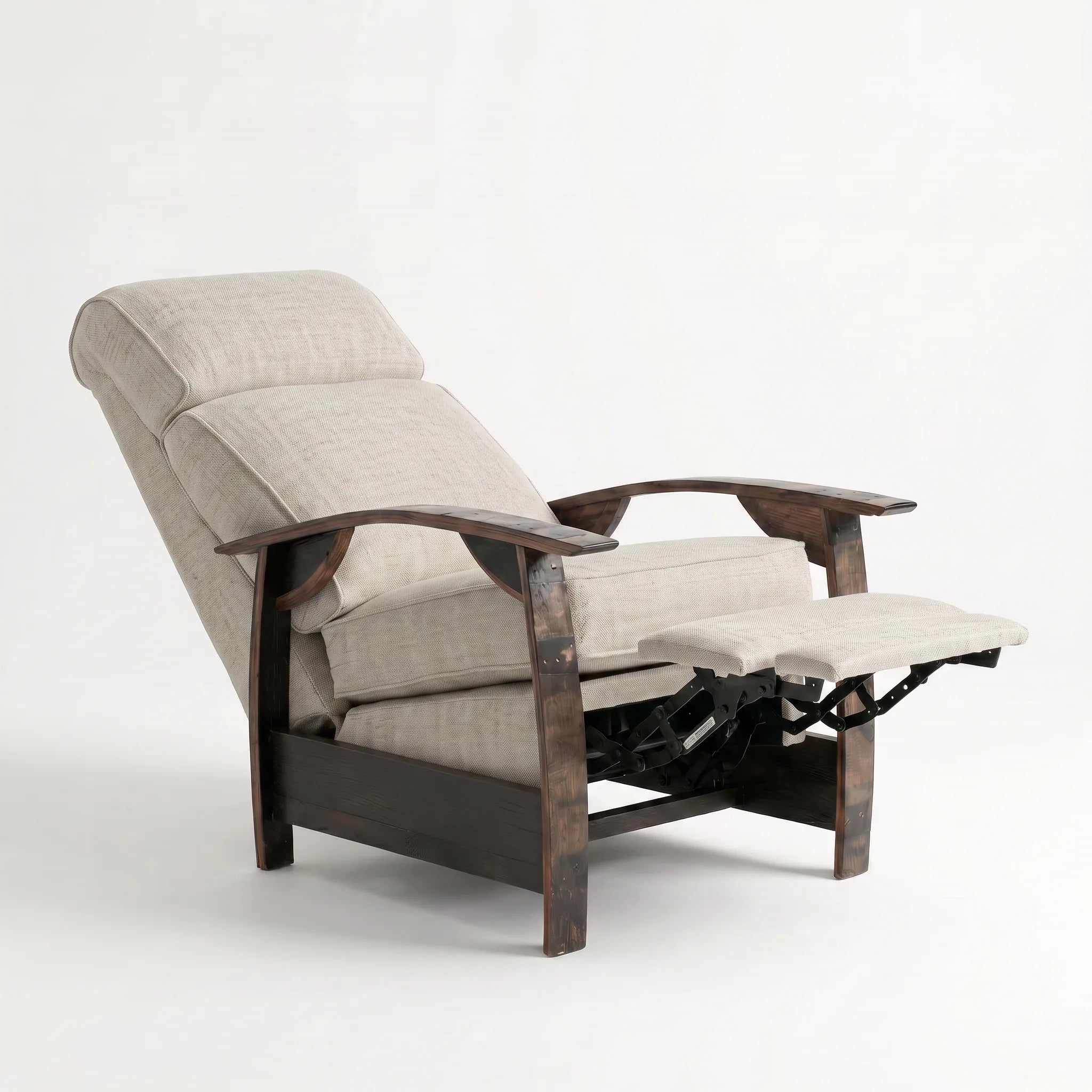 Side view of the Big & Tall oatmeal gray plush fabric whiskey barrel recliner fully reclined, on a white background