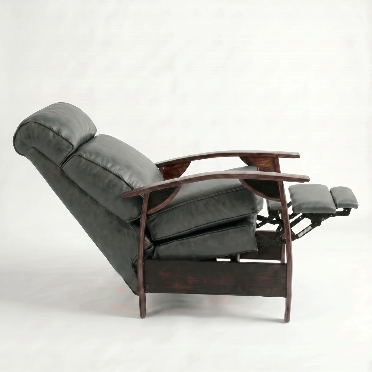 Side view of the Extra Tall slate gray leather whiskey barrel recliner fully reclined, on a white background