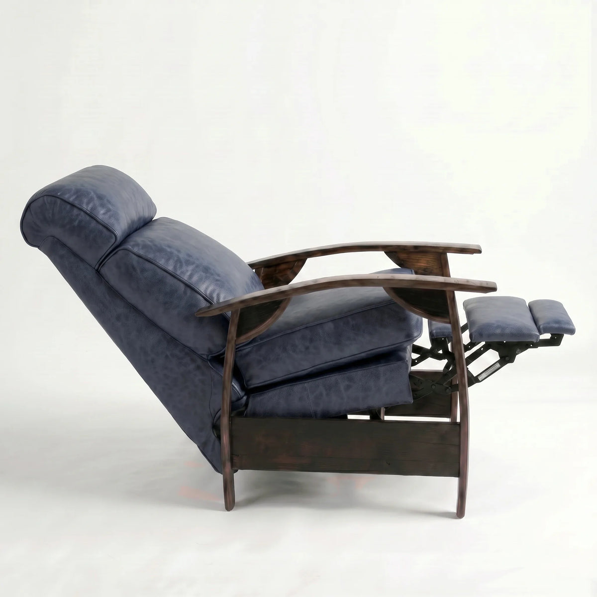 Side view of the Extra Tall denim blue leather whiskey barrel recliner fully reclined, on a white background