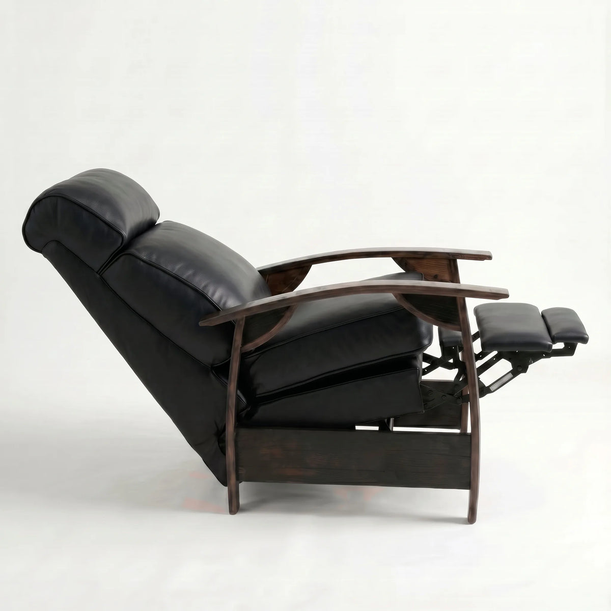 Side view of the Big & Tall black leather whiskey barrel recliner fully reclined, on a white background
