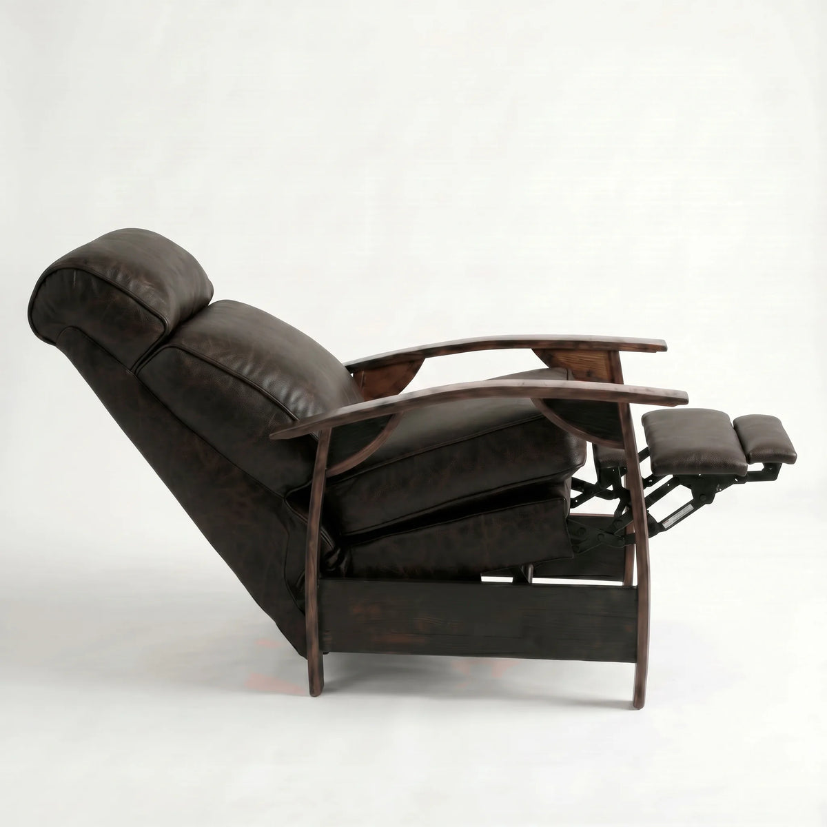 Side view of the Extra Tall cognac brown leather whiskey barrel recliner fully reclined, on a white background