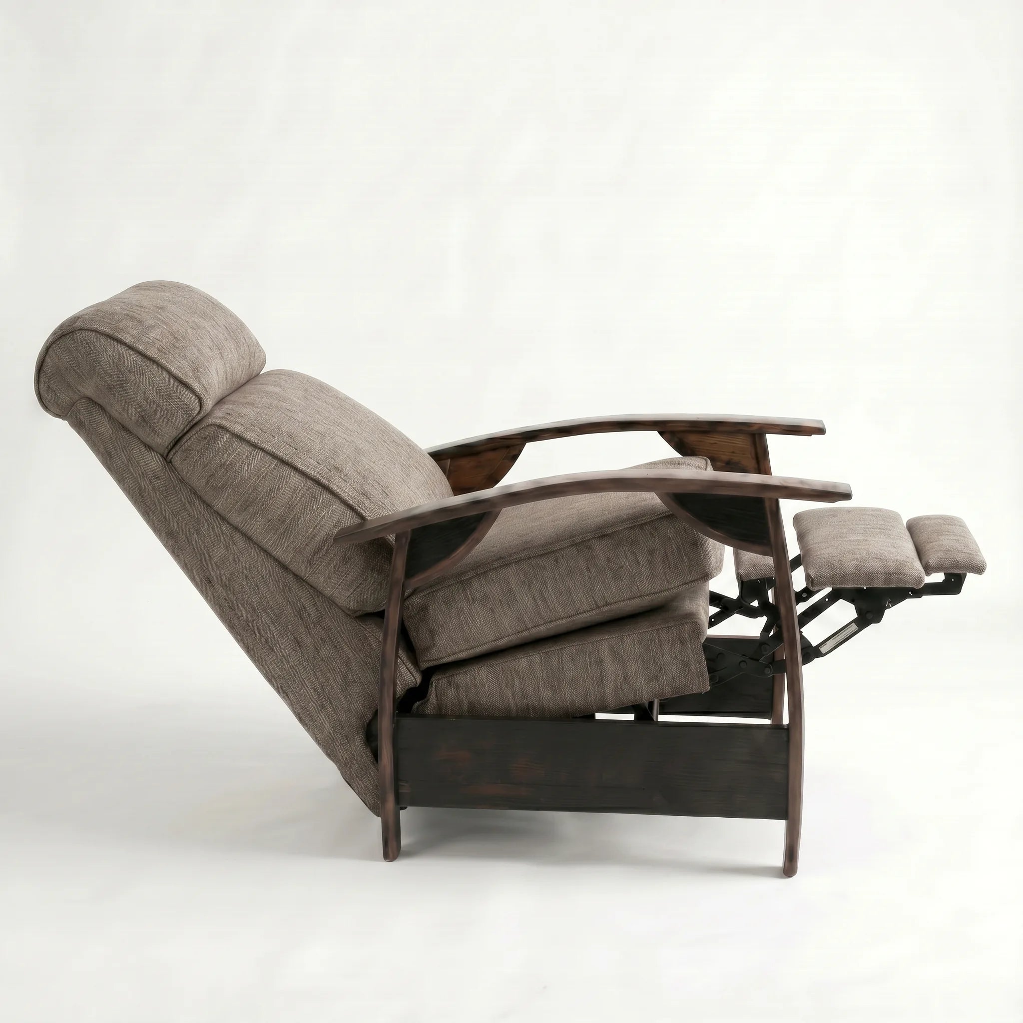 Side view of the coffee brown plush fabric whiskey barrel recliner fully reclined, on a white background