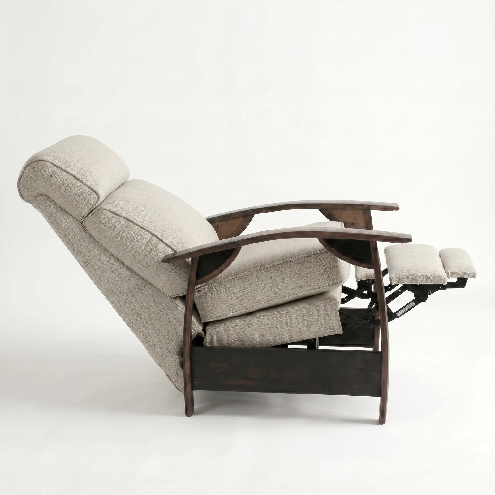 Side view of the oatmeal gray plush fabric whiskey barrel recliner fully reclined, on a white background