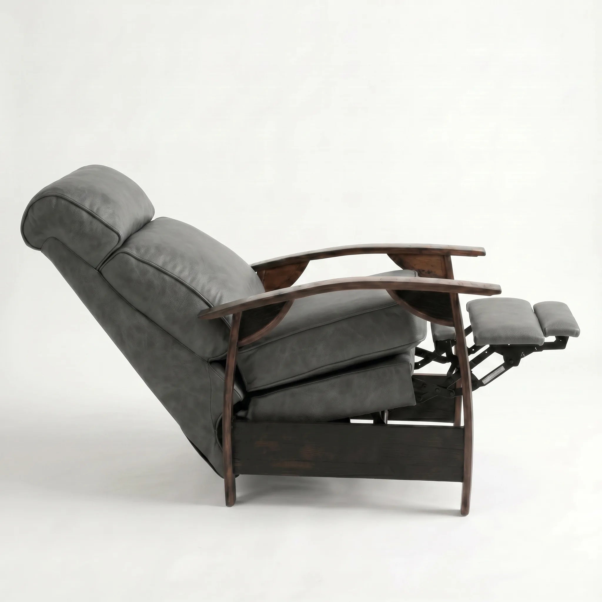 Side view of the slate gray leather whiskey barrel recliner fully reclined, on a white background