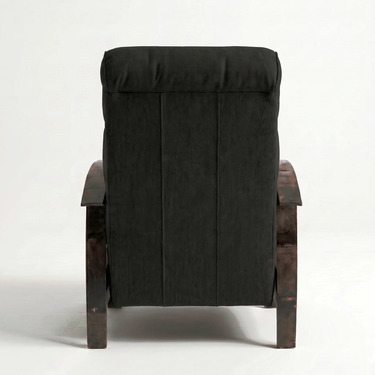 Rear view of the Extra Tall black plush fabric whiskey barrel recliner showing the back panel, on a white background