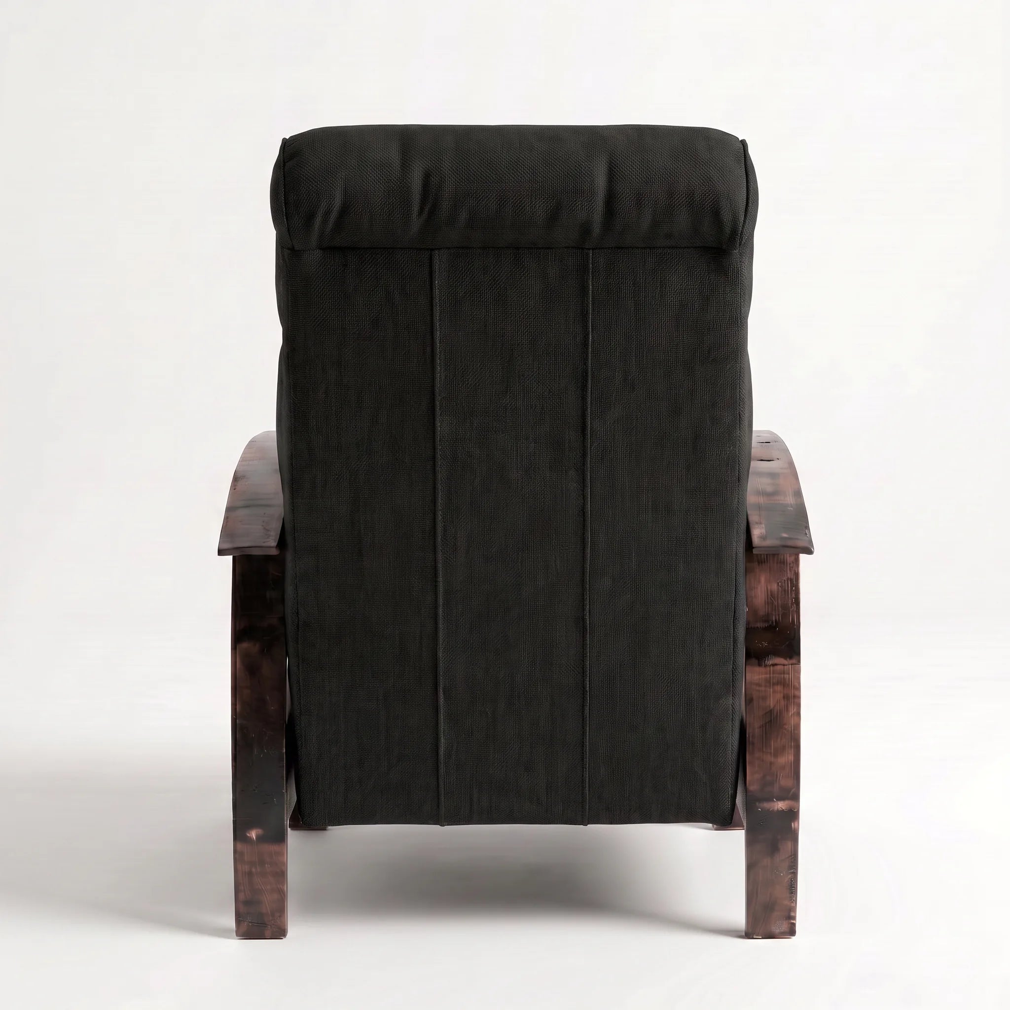 Rear view of the Big & Tall black plush fabric whiskey barrel recliner showing the back panel, on a white background