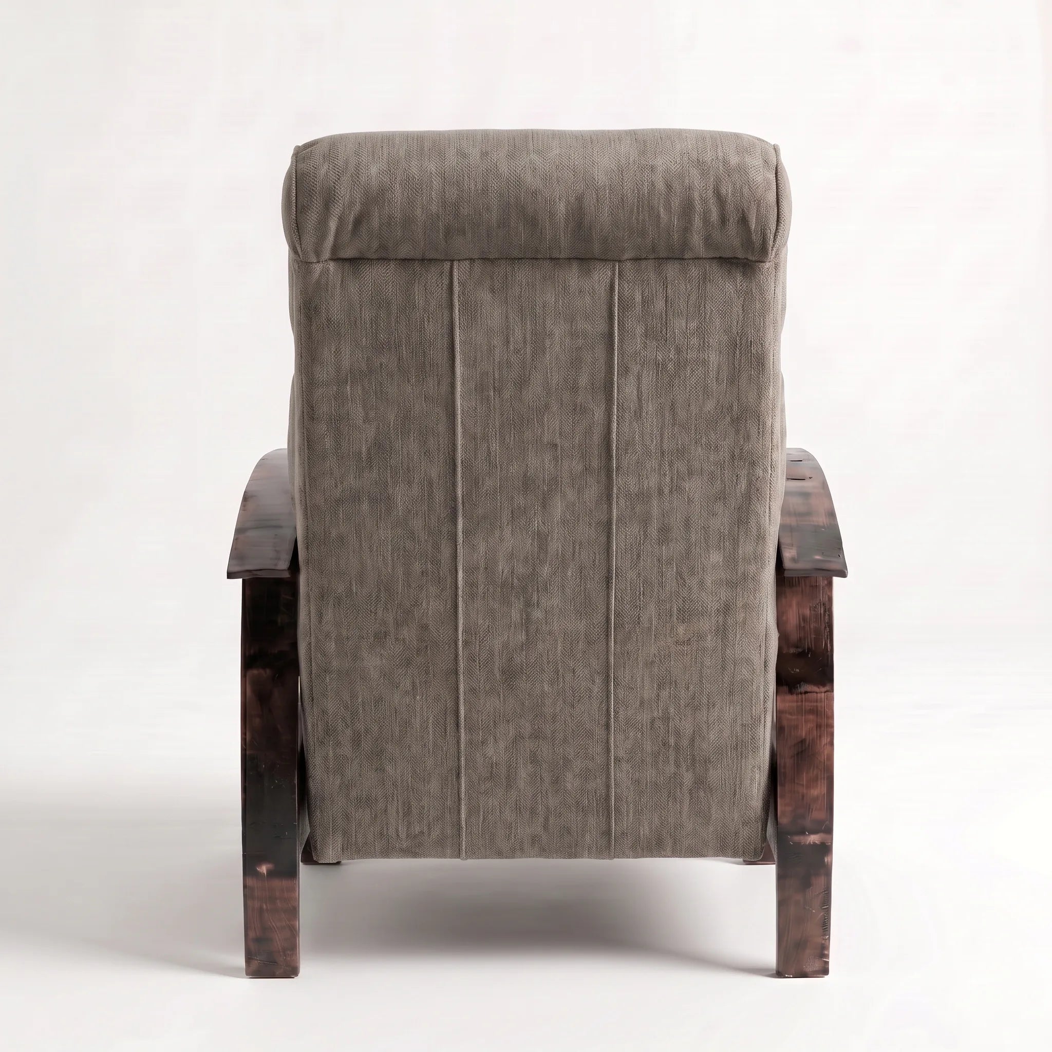 Rear view of the Big & Tall coffee brown plush fabric whiskey barrel recliner showing the back panel, on a white background