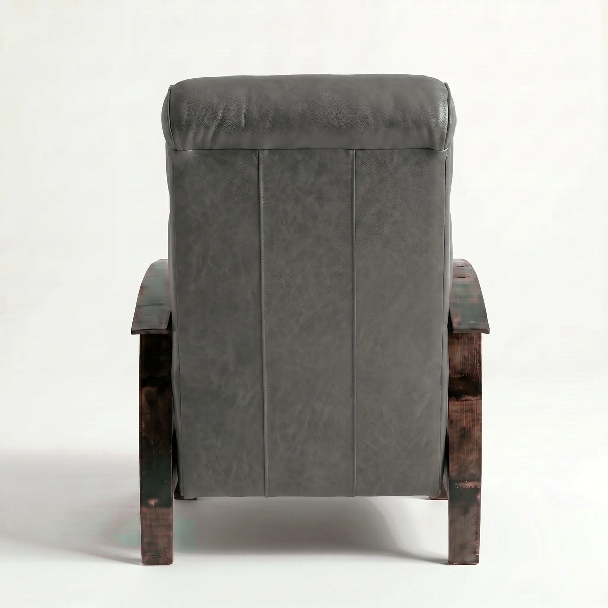 Rear view of the Extra Tall slate gray leather whiskey barrel recliner showing the back panel, on a white background