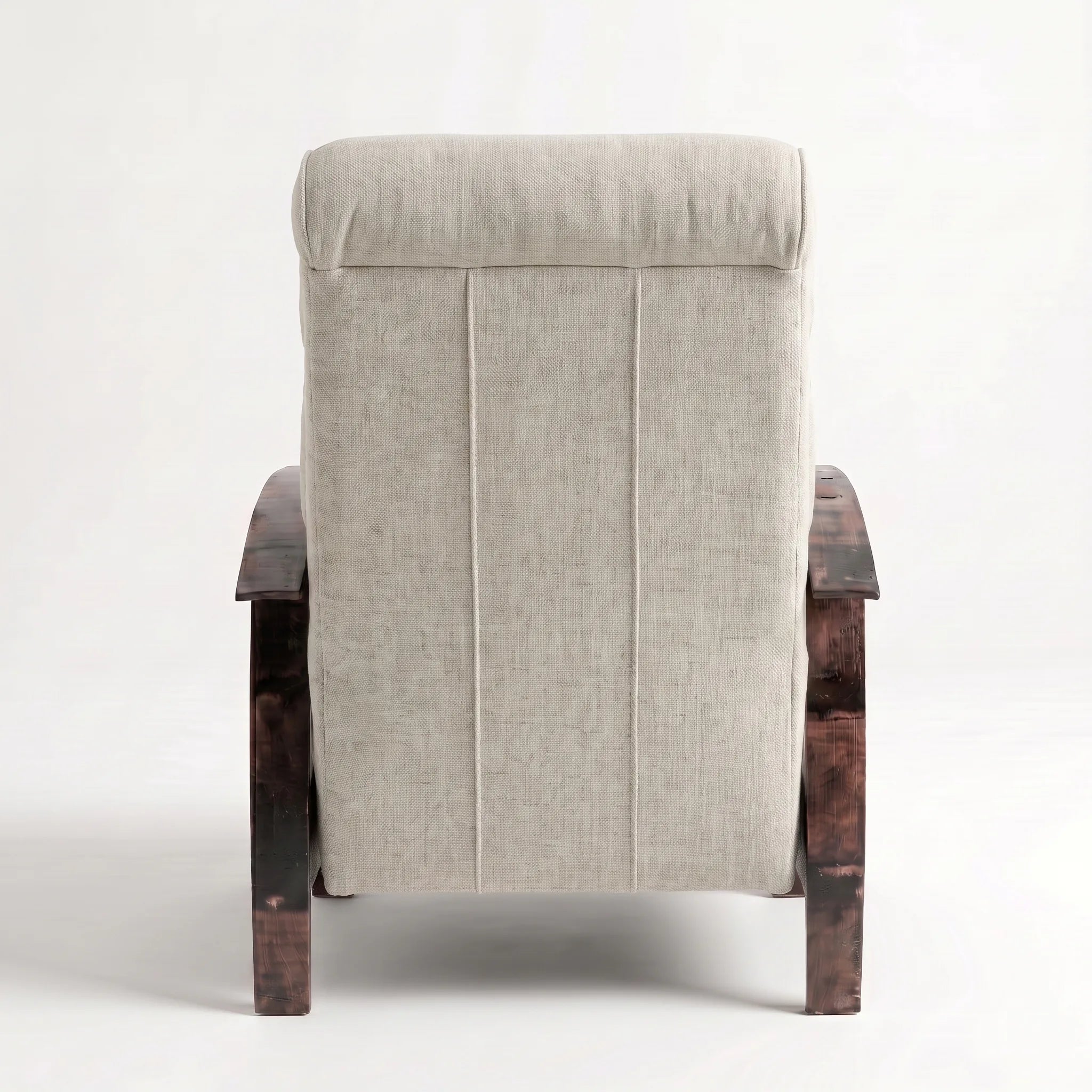 Rear view of the Big & Tall oatmeal gray plush fabric whiskey barrel recliner showing the back panel, on a white background