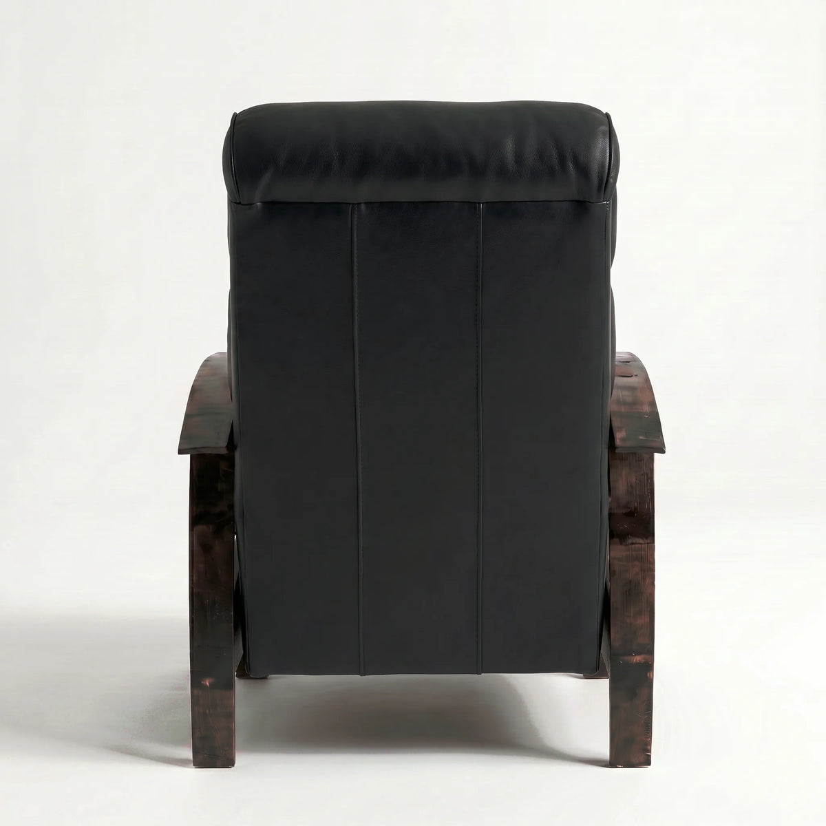 Rear view of the Big & Tall black leather whiskey barrel recliner showing the back panel, on a white background
