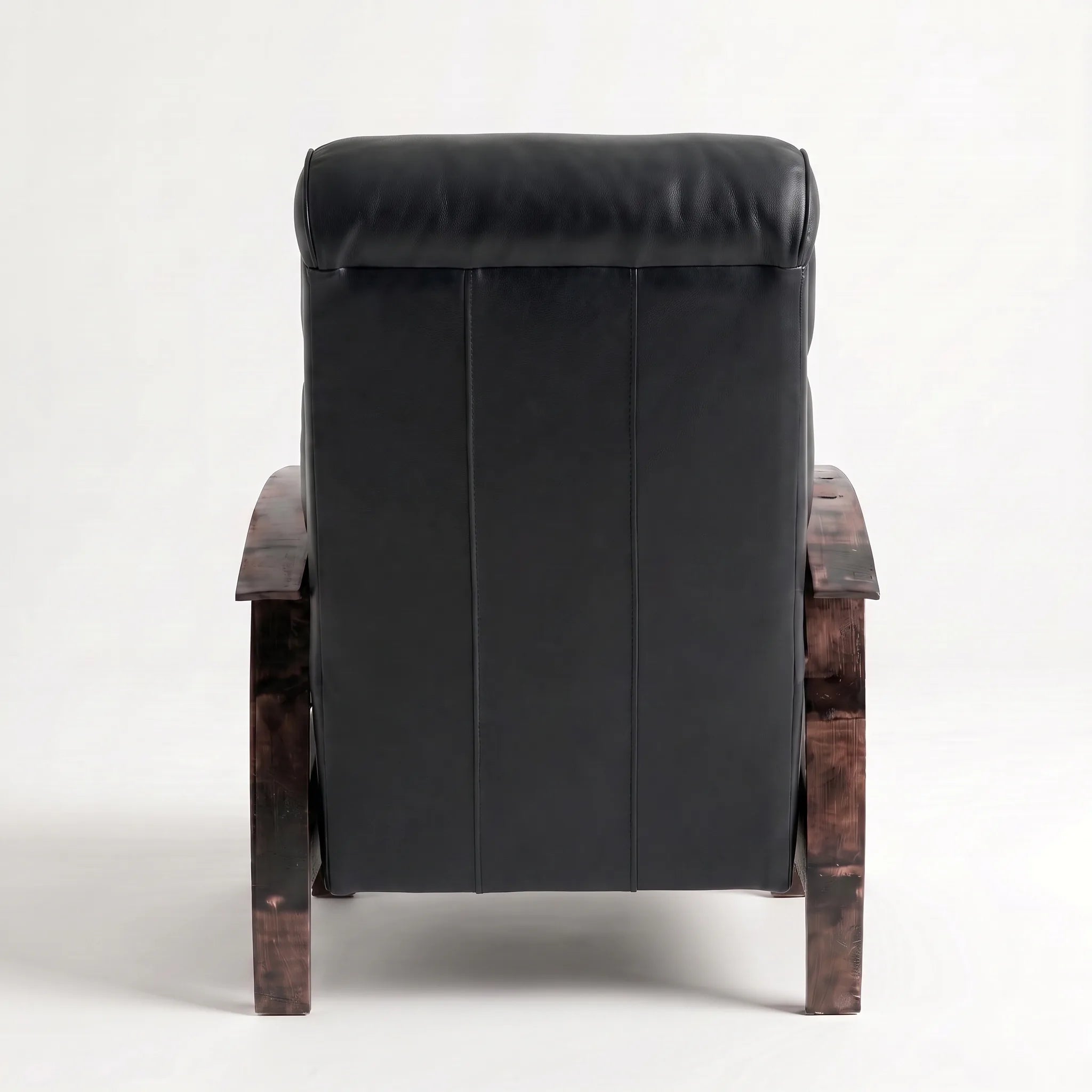Rear view of the Big & Tall black leather whiskey barrel recliner showing the back panel, on a white background
