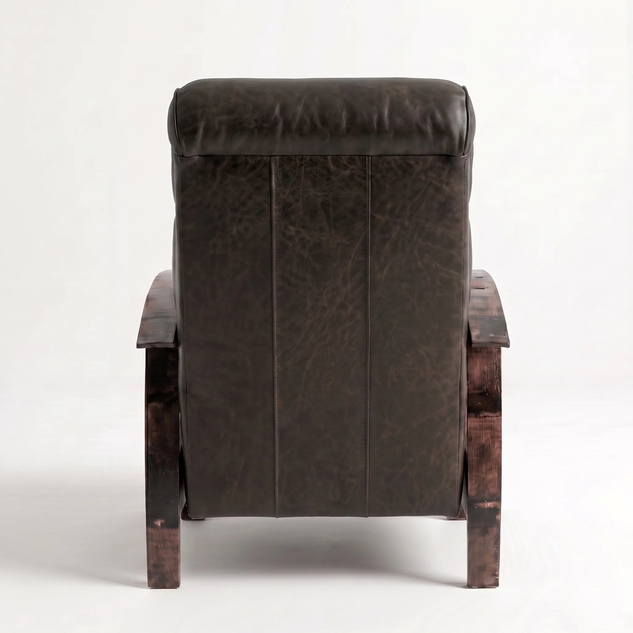 Rear view of the Big & Tall cognac brown leather whiskey barrel recliner showing the back panel, on a white background