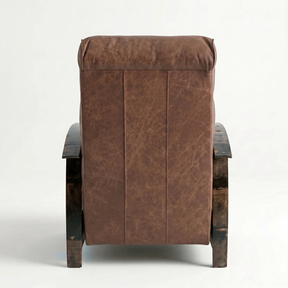 Rear view of the Extra Tall whiskey-brown leather whiskey barrel recliner showing the back panel, on a white background