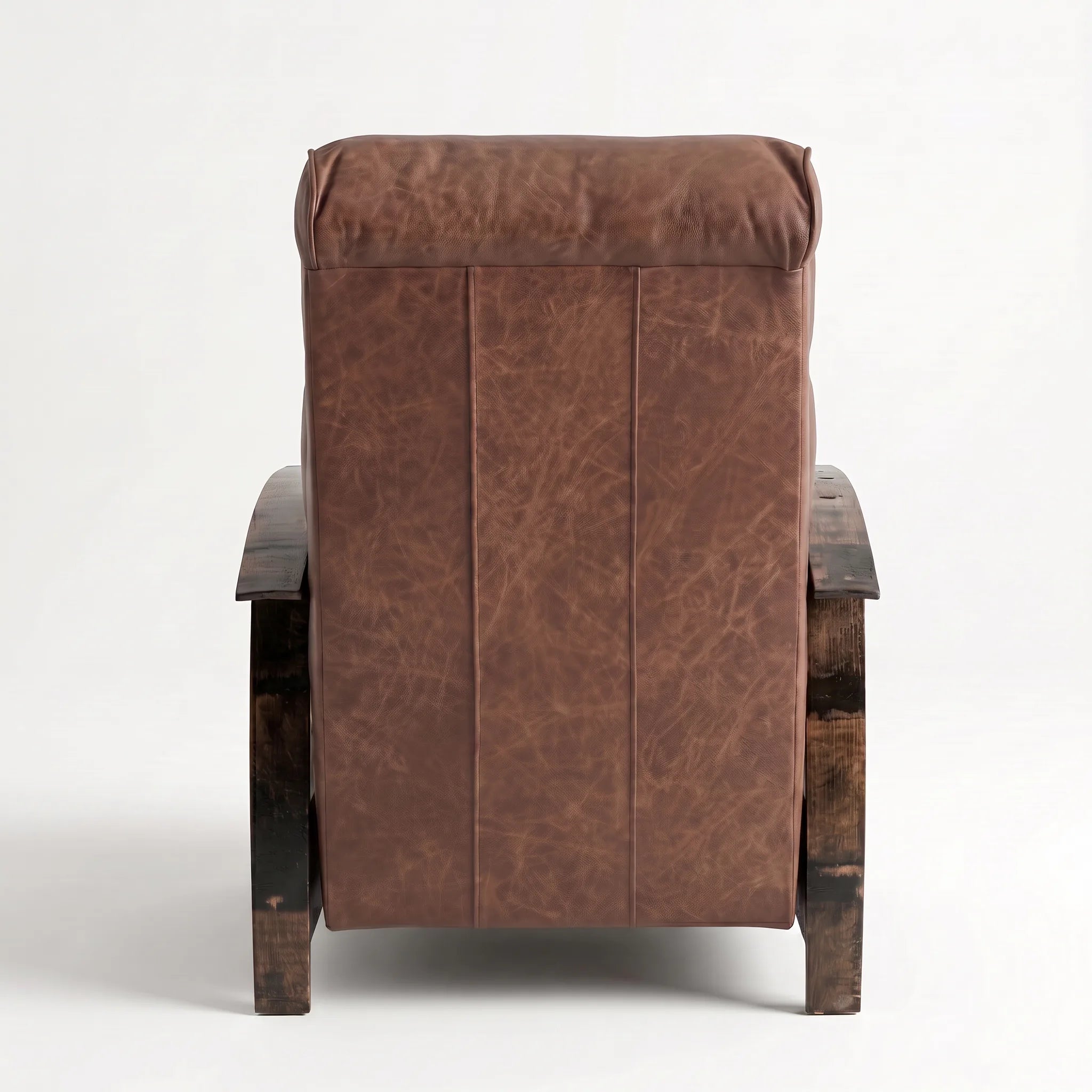 Rear view of the Big & Tall whiskey-brown leather whiskey barrel recliner showing the back panel, on a white background