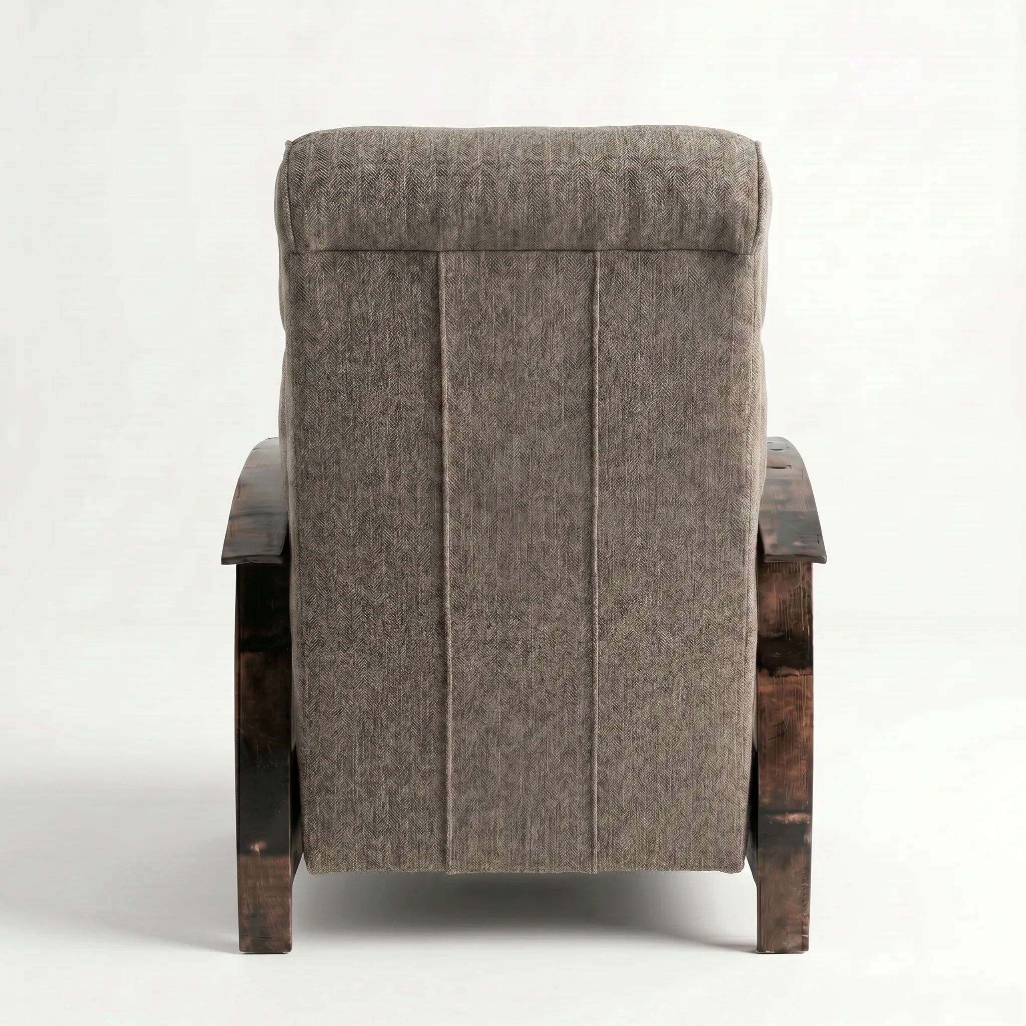 Rear view of the coffee brown plush fabric whiskey barrel recliner showing the back panel, on a white background