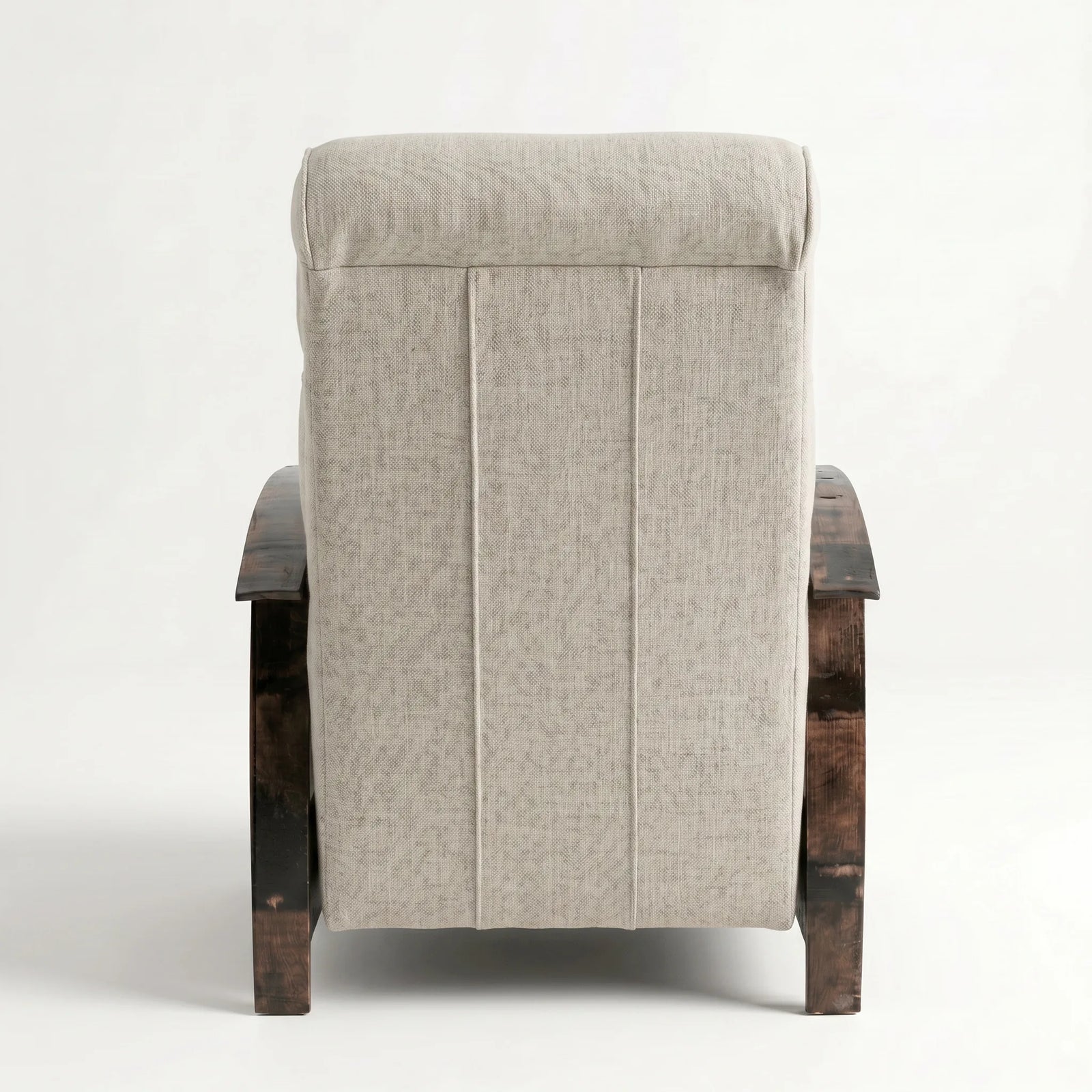 Rear view of the oatmeal gray plush fabric whiskey barrel recliner showing the back panel, on a white background