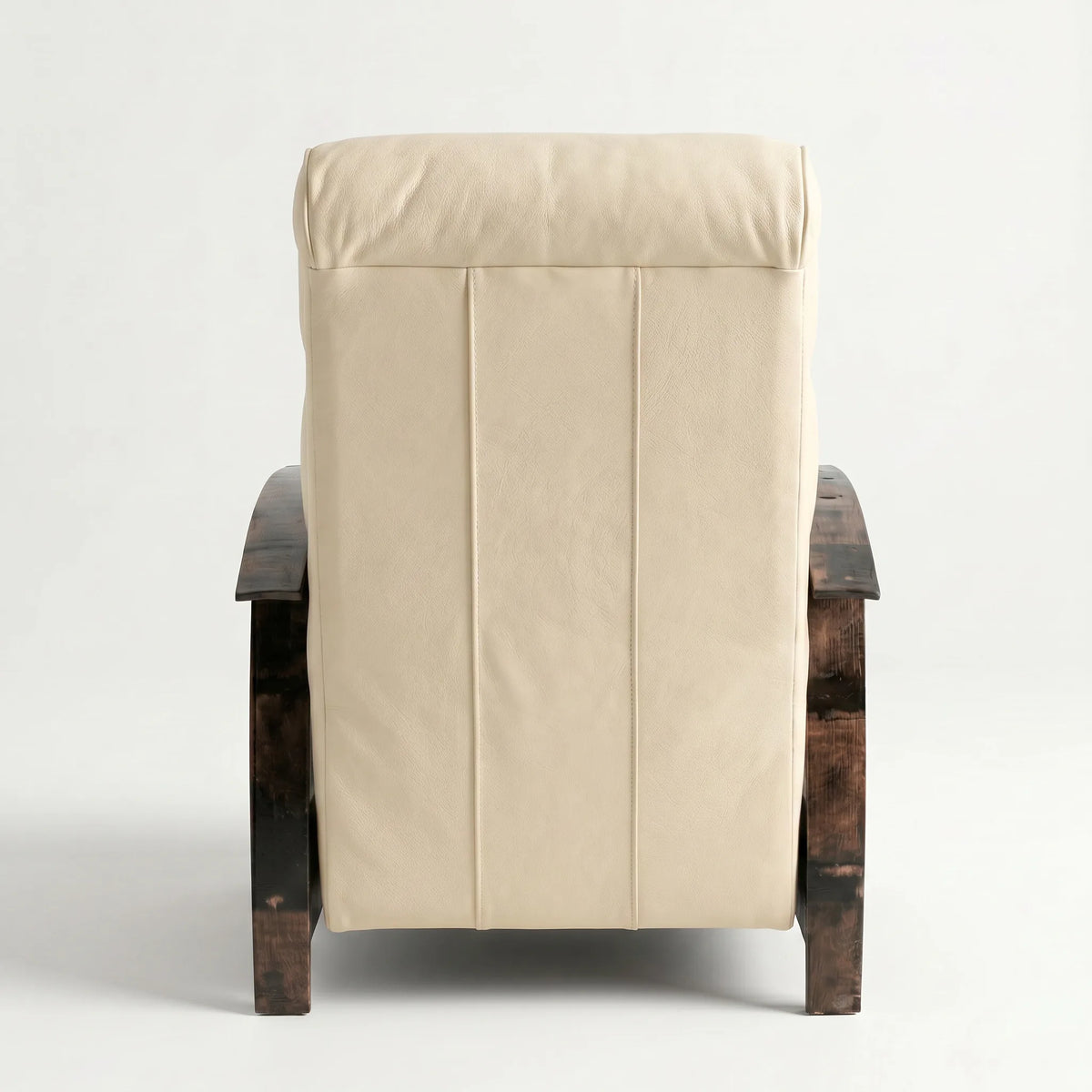 Rear view of the cream ivory leather whiskey barrel recliner showing the back panel, on a white background